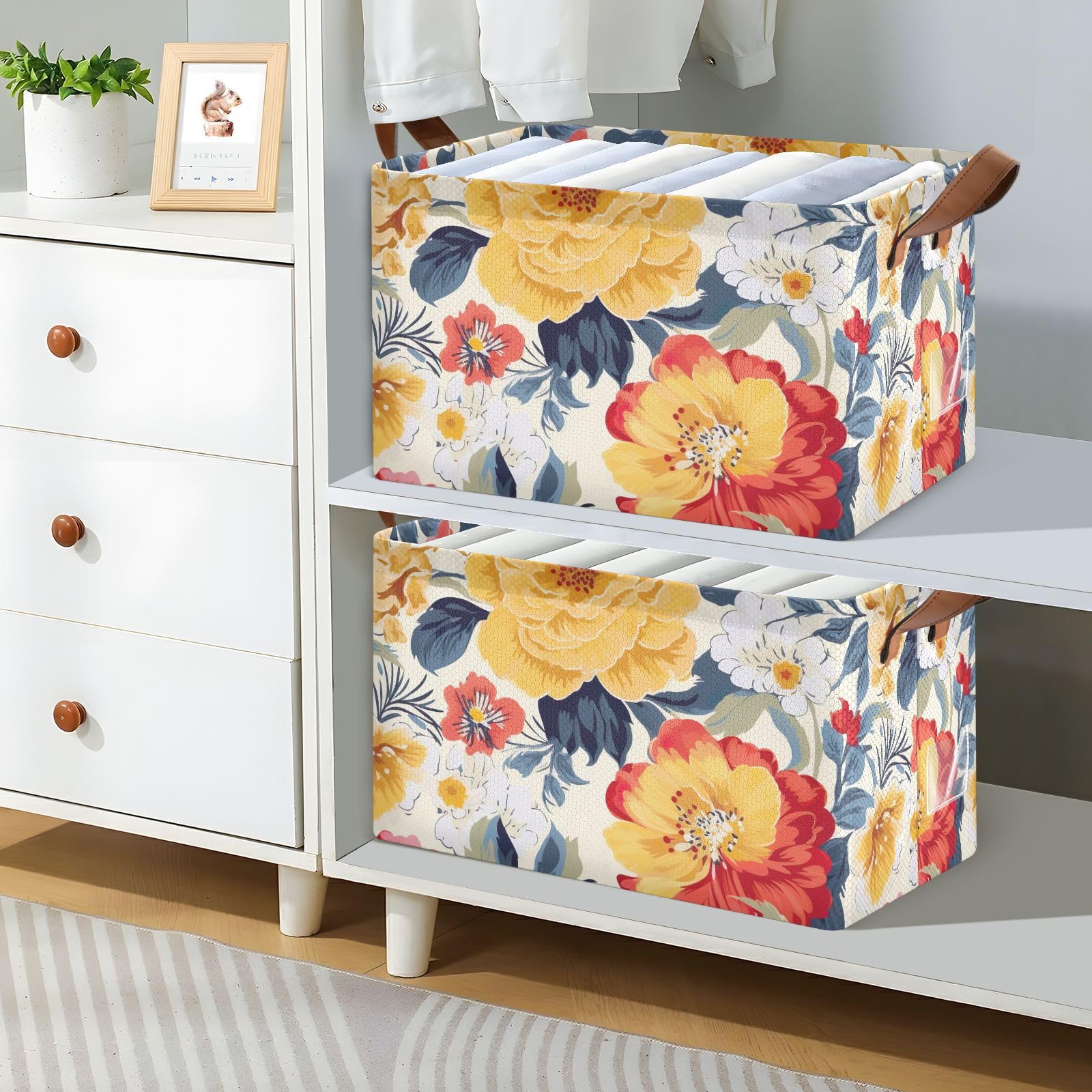 Emelivor Classic Red Floral Foldable Storage Bins with Handles - Rectangular Organizing Baskets for Shelves, Nursery, Closet & Home Decor | Perfect for Bedroom, Bathroom & Office Organization