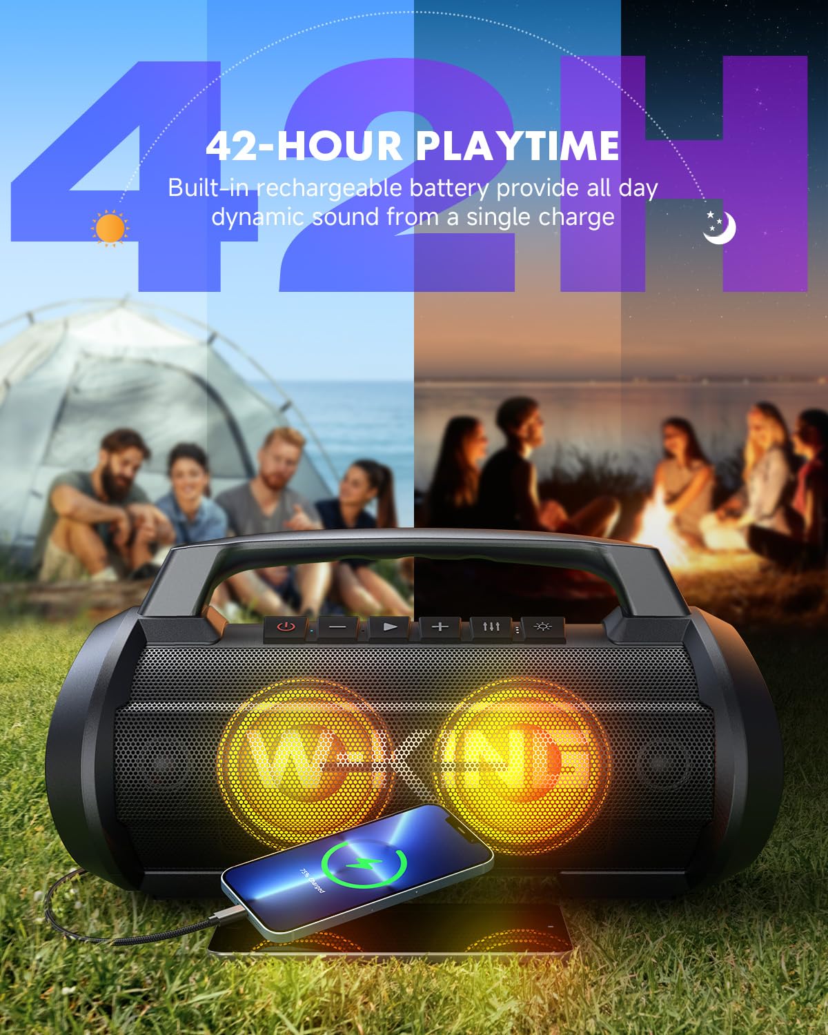 W-KING 120W Portable Bluetooth Speaker with Deep Bass, 70W Loud Wireless Outdoor Boombox - Waterproof IPX6, 42H Playtime, RGB Lights, Power Bank for Party, Beach, Camping & Home Use