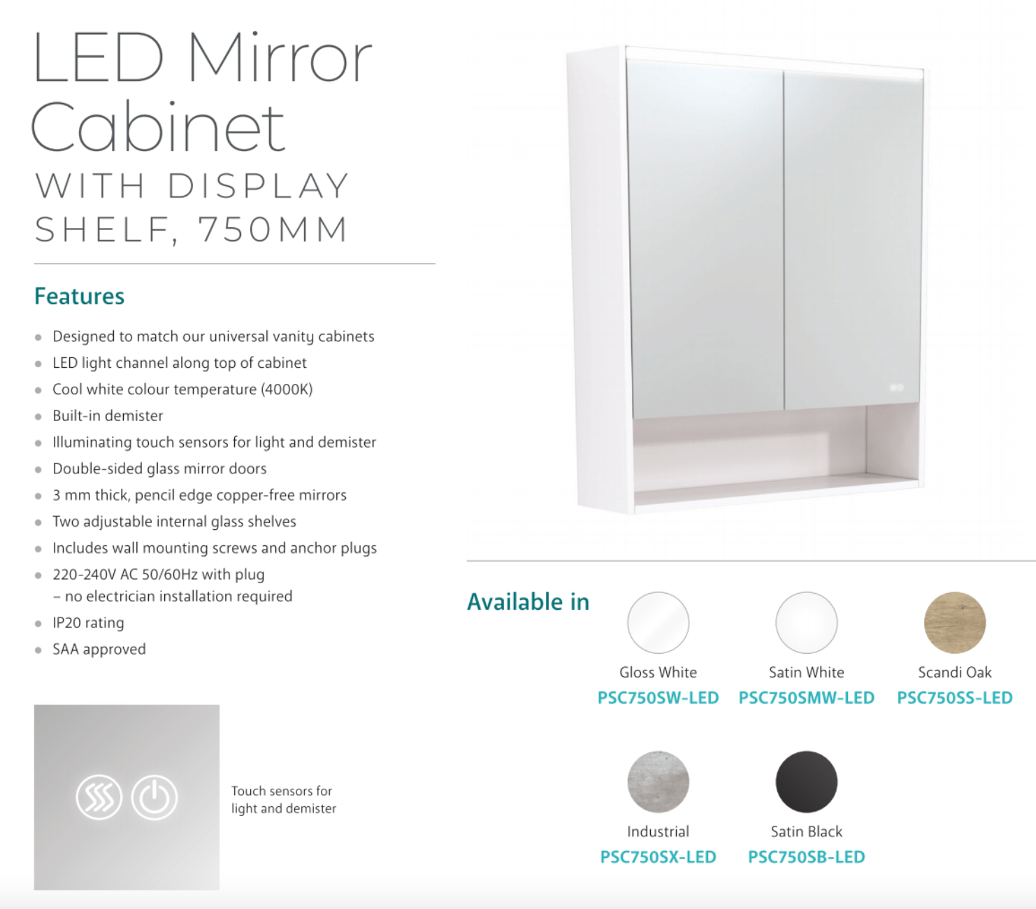 Fienza PSC750SMW 30-Inch LED Bathroom Mirror Cabinet with Undershelf Lighting, Satin White Finish - Perfect for Modern Vanity & Bathroom Storage