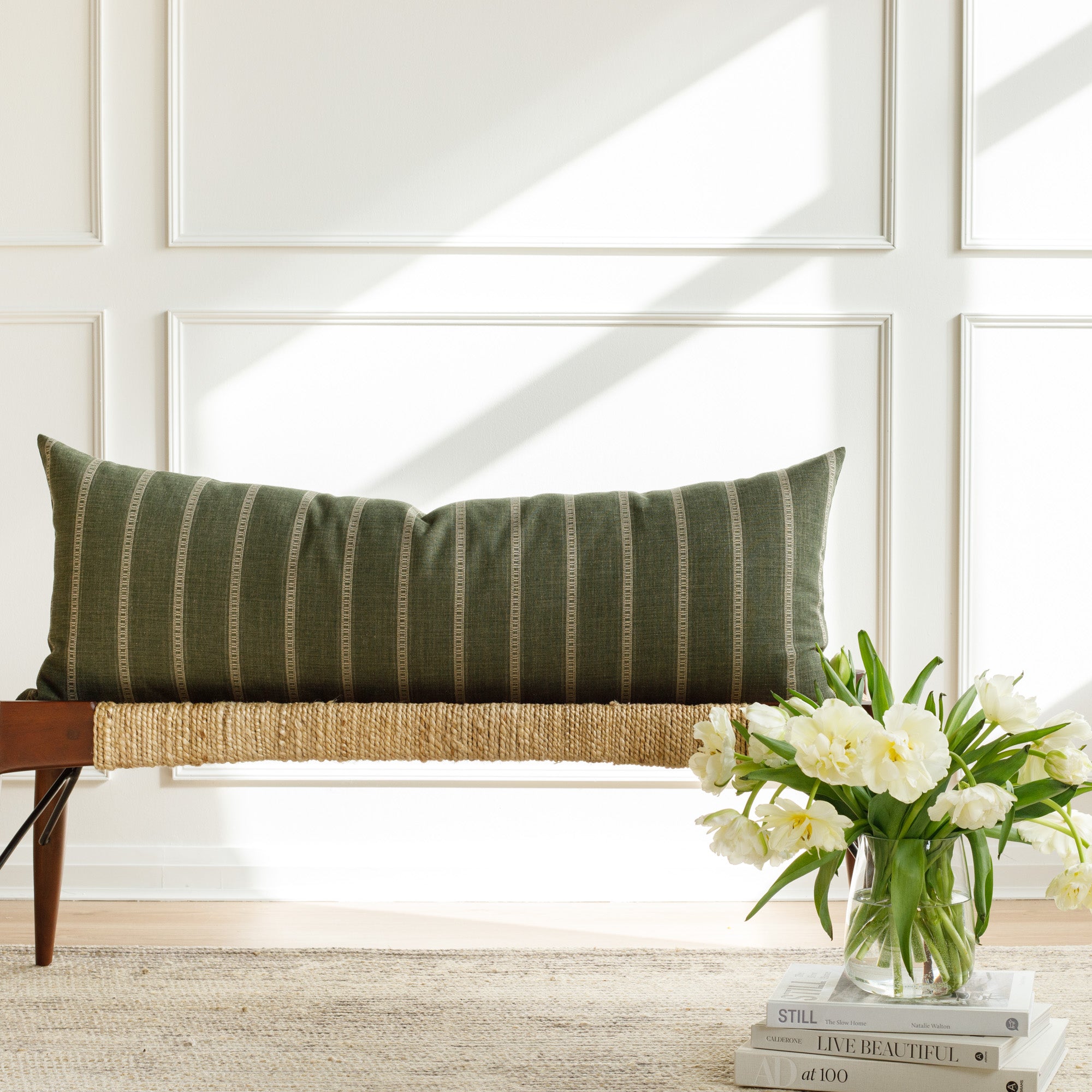 Brunswick Stripe 16x42 Bolster Pillow in Moss Green - Perfect for Sofa, Bed & Home Decor