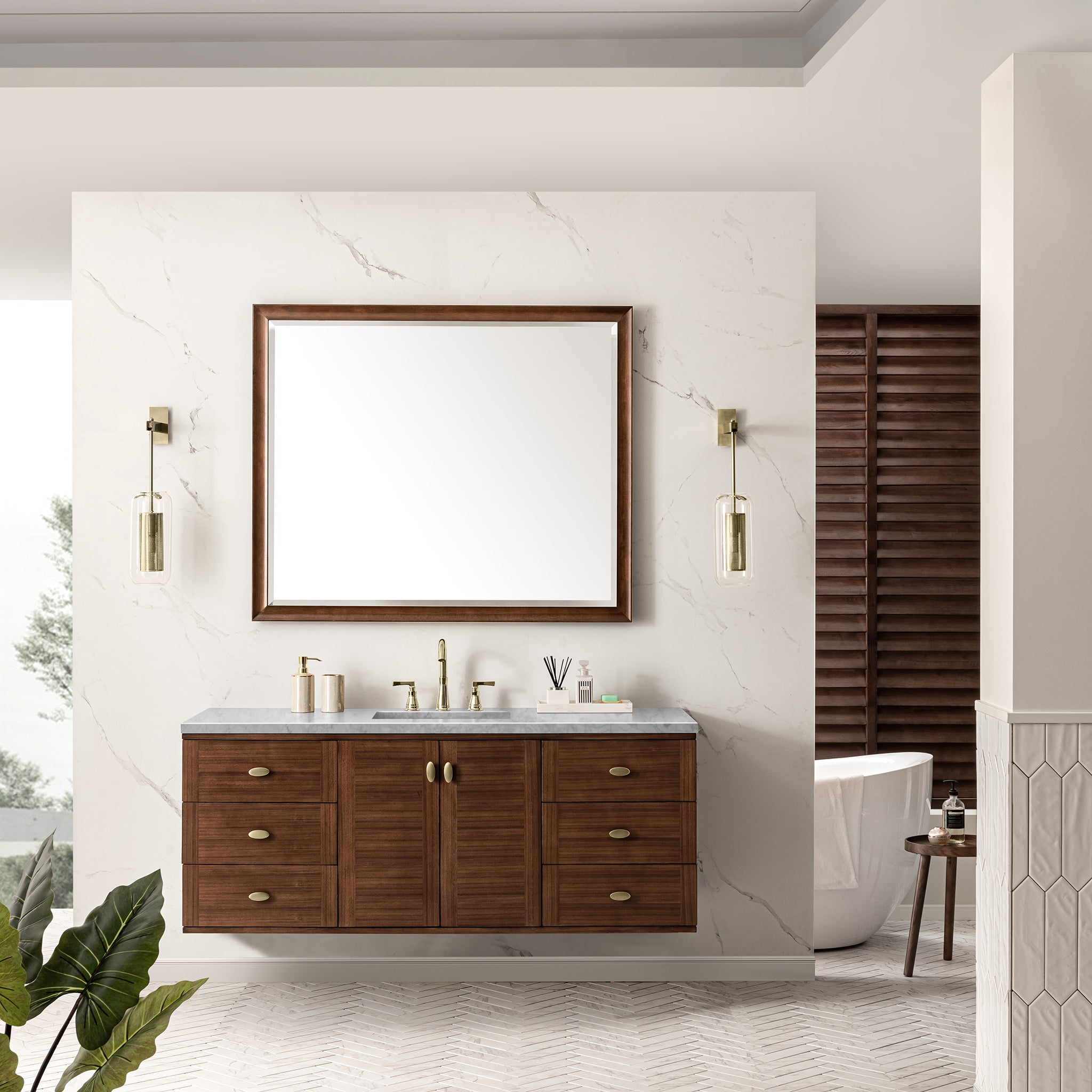 Amberly 60 Inch Single Bathroom Vanity with Carrara Marble Top - Mid Century Modern Walnut Vanity for Small Bathrooms - Perfect for Master Bath, Guest Bath & Powder Room Remodeling