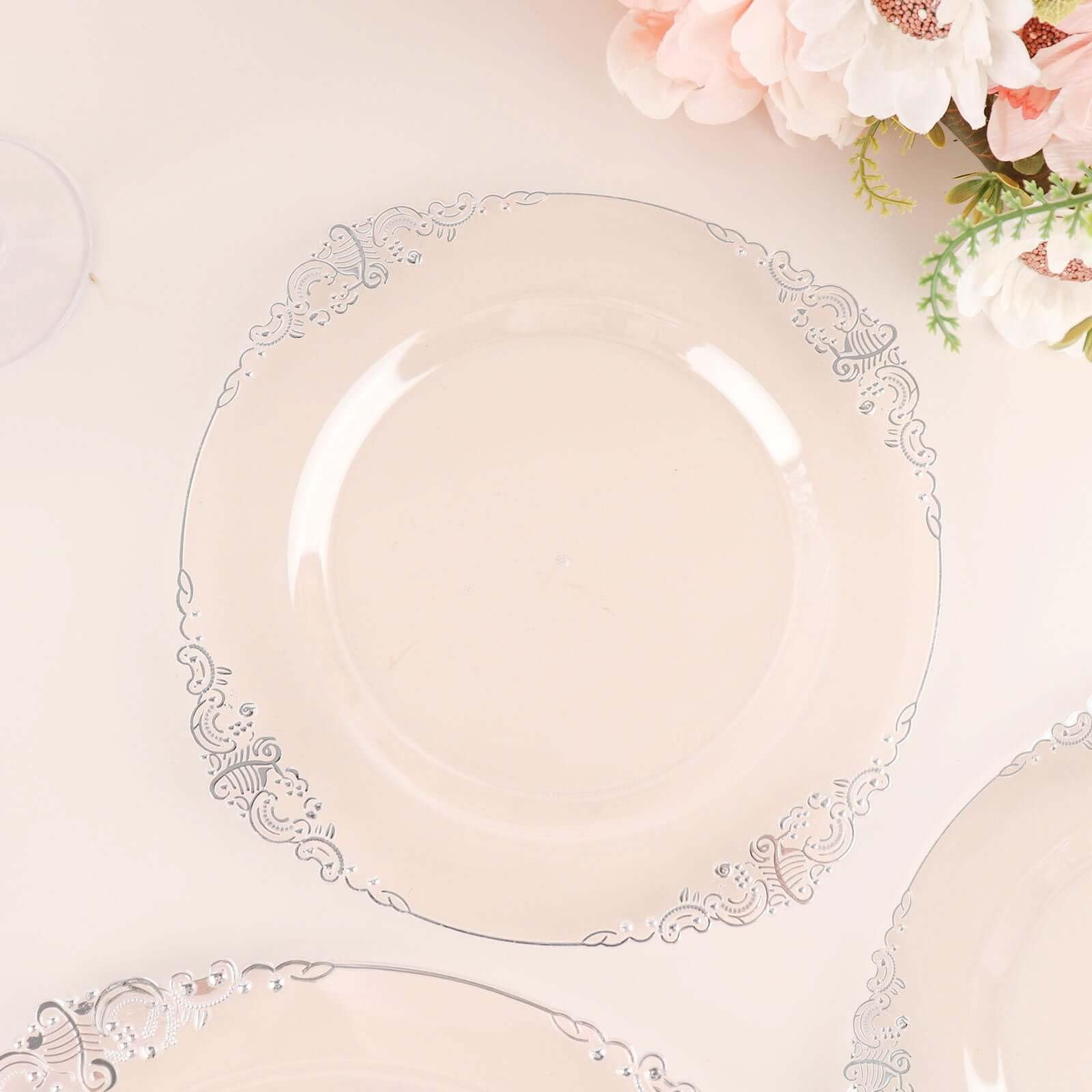 Efavormart 10 Pack Baroque 8 Inch Round Plastic Dessert Plates - Clear/Silver Disposable Tableware with Gold Leaf Embossed Rim for Parties, Weddings & Elegant Dining Events