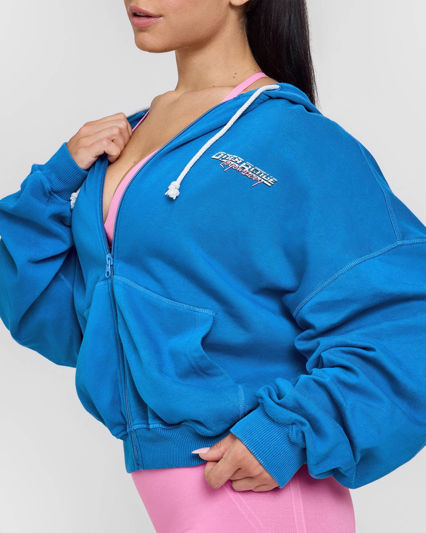 Raw Lounge Oversized Zip Through Hoodie with Graphic Print | Retro Blue Color | Perfect for Casual Wear, Street Style & Loungewear