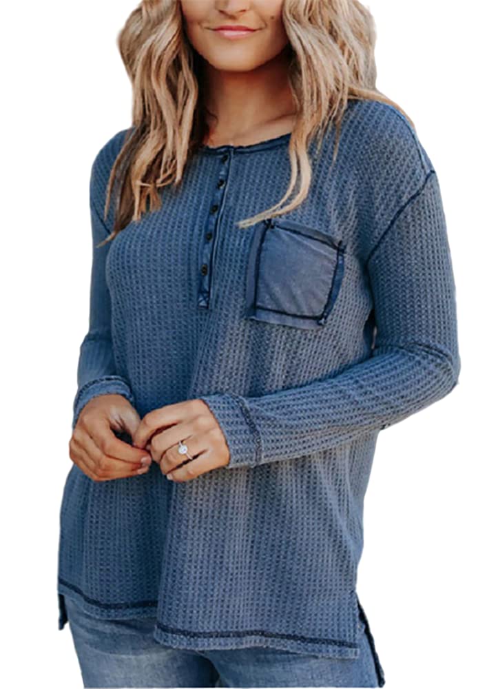 Chvity Women's Long Sleeve Henley Shirt - Loose Fit Waffle Knit Top with Pocket, Round Neck Casual Button Down Blouse | Perfect for Fall Layering, Weekend Outfits & Coffee Dates