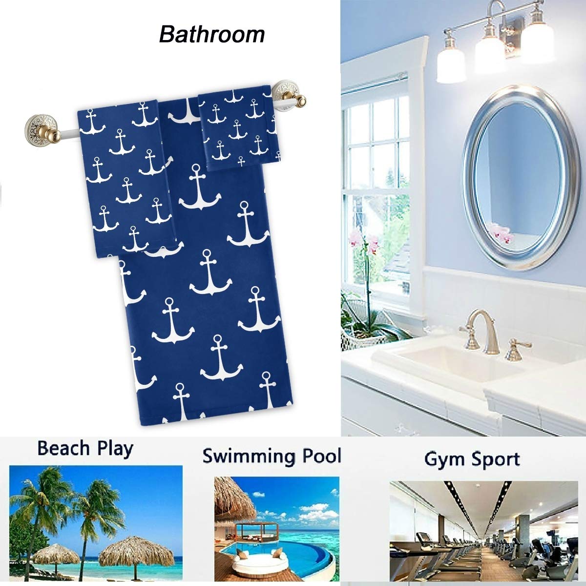 Premium Nautical Anchor Print 3-Piece Bath Towel Set - 1 Bath Towel, 1 Hand Towel, 1 Washcloth | Soft & Absorbent Cotton Towels for Bathroom, Spa, Beach & Gym | Navy Blue Anchor Design for Coastal Decor & Nautical Theme Bathrooms
