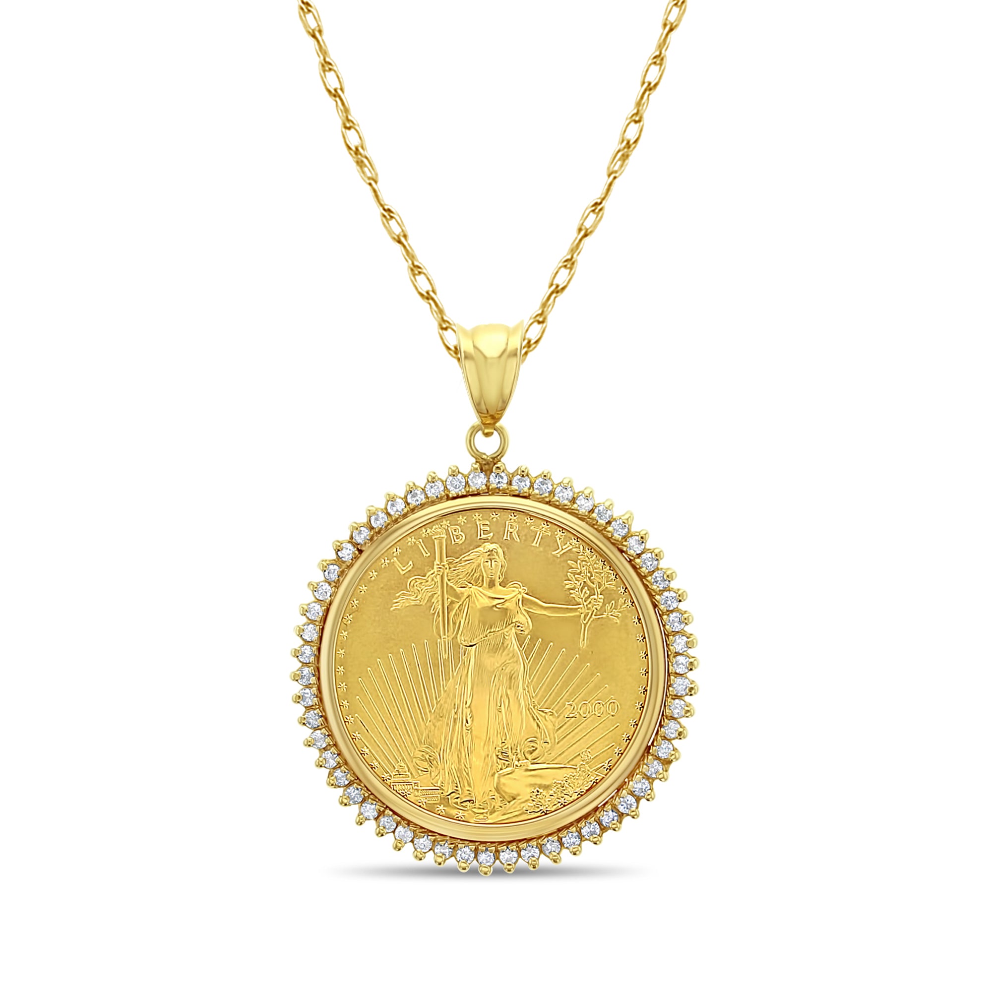1OZ Fine Gold Lady Liberty Medallion Necklace with 1.10cttw Diamond Halo - Elegant Jewelry for Women, Luxury Gift for Anniversary, Birthday & Special Occasions