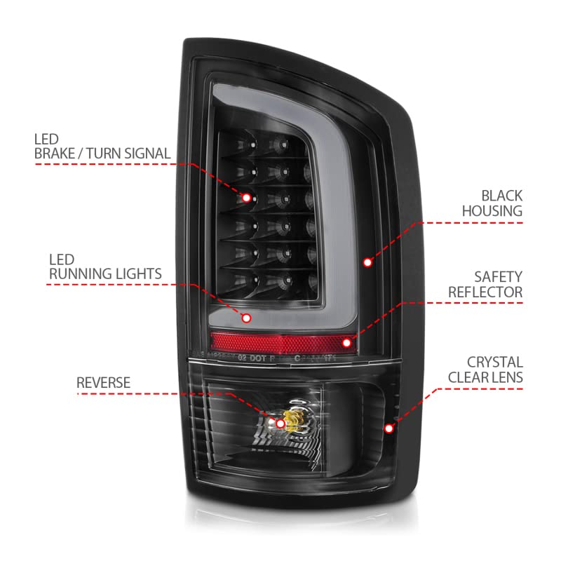 ANZO 311368 LED Tail Lights with Light Bar for 2002-2006 Dodge Ram 1500 - Black Housing & Clear Lens - Upgrade Your Truck's Style & Visibility for Night Driving & Off-Road Adventures