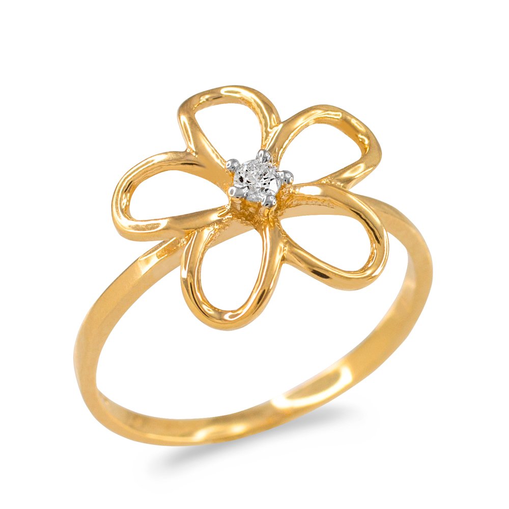 14K Yellow Gold Diamond Solitaire Hawaiian Plumeria Flower Ring - Elegant Hawaiian Jewelry for Weddings, Anniversaries & Special Occasions