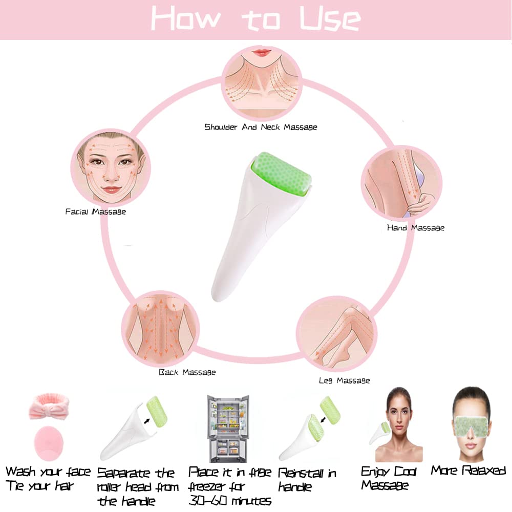 Jade Facial Ice Roller & Eye Masks Set - Cold Therapy for Puffiness Reduction, Skin Tightening & Face Lifting - Perfect for Morning Skincare Routine & Post-Workout Recovery