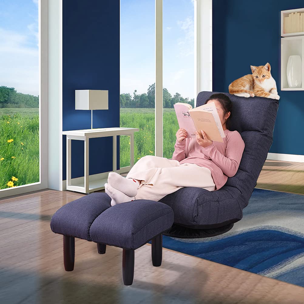 360° Swivel Gaming Chaise Lounge with Ottoman - Adjustable Backrest Folding Floor Chair for Bedroom & Living Room | Navy Blue Floor Sofa for Video Games, Movie Nights & Relaxation