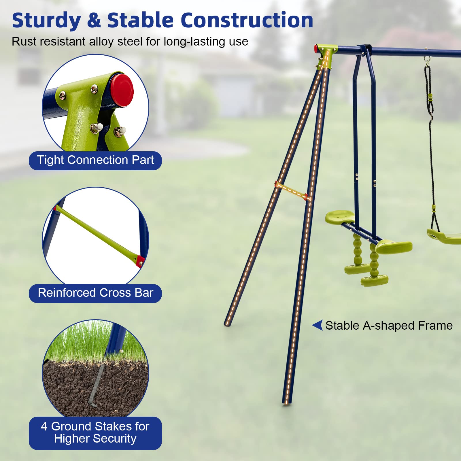 Costzon 440 lbs Heavy Duty 2-in-1 Metal Swing Set for Backyard - Extra Large Outdoor Playground Equipment with 2 Swings, Glider & Adjustable Hanging Ropes - Durable Kids Swing Stand for Gardens, Parks & Play Areas