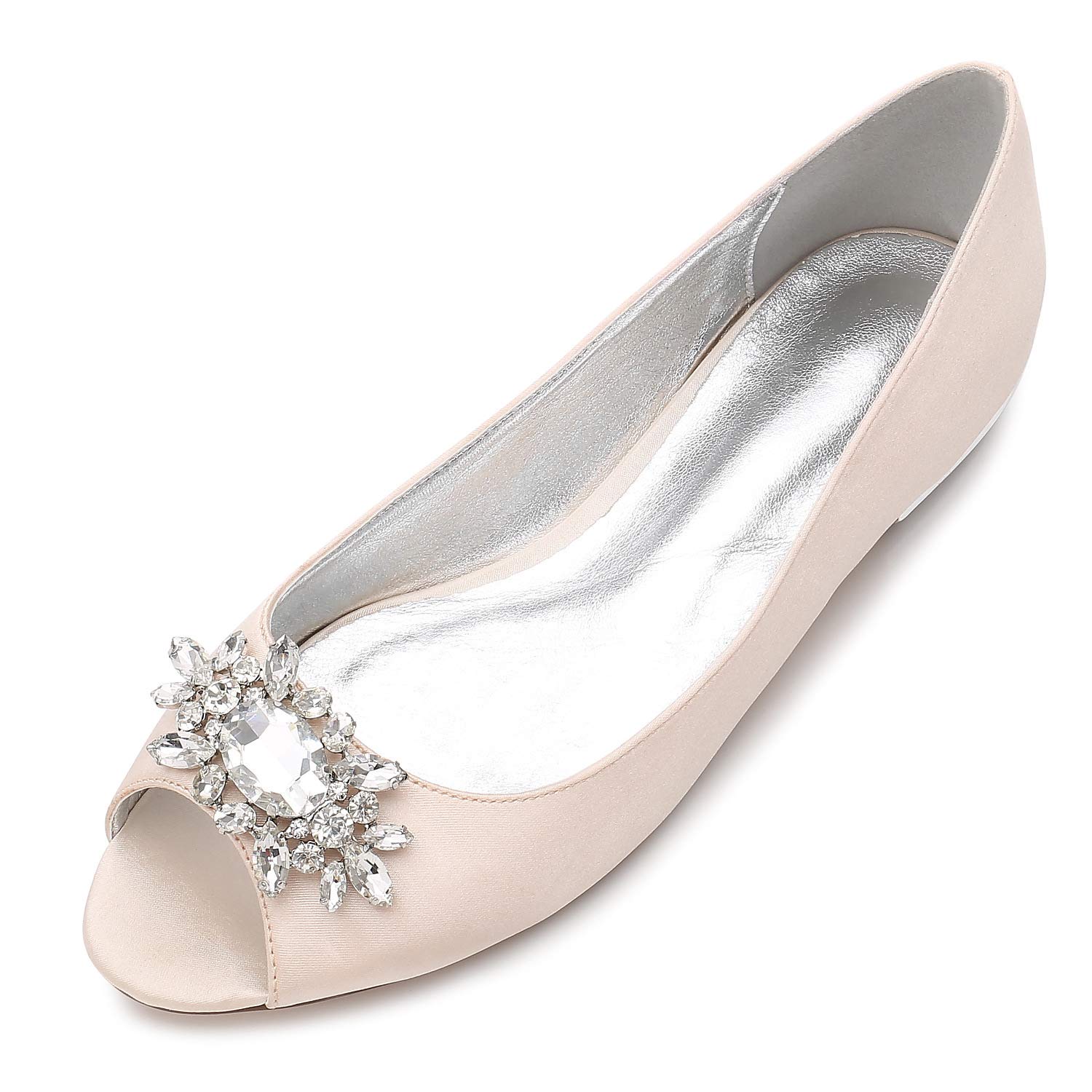 Women's Rhinestone Embellished Satin Wedding Shoes - Peep Toe Slip On Flats for Bridal Party, Formal Occasions & Special Events - Elegant Comfort for Dances, Receptions & Evening Celebrations