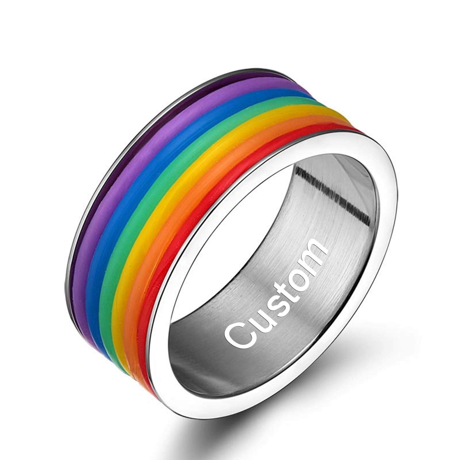 Beydodo LGBT Pride Rings for Men - Stainless Steel Wedding Band with Silicone Rainbow Stripes, Sizes 6-13 - Perfect for LGBTQ+ Pride Events, Weddings & Everyday Wear