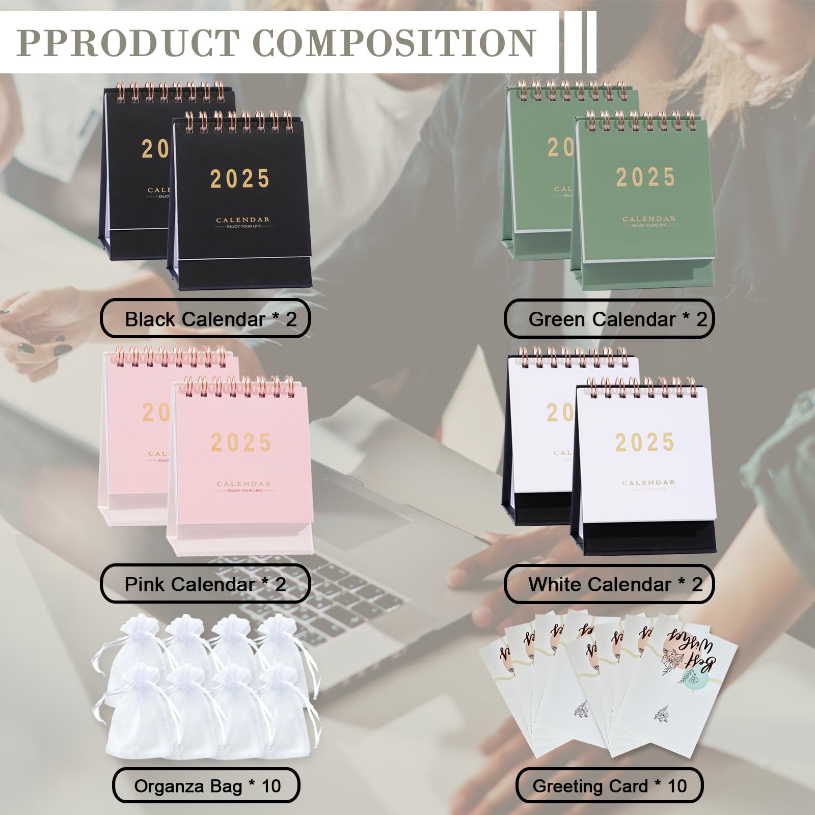 8-Piece Mini Desk Calendar Set 2025 with Gift Bag & Cards - Small Desktop Planner for Home, Office, School (4 Colors) | Perfect for Easter, Graduation, Coworker Gifts & Daily Planning Until December 2025