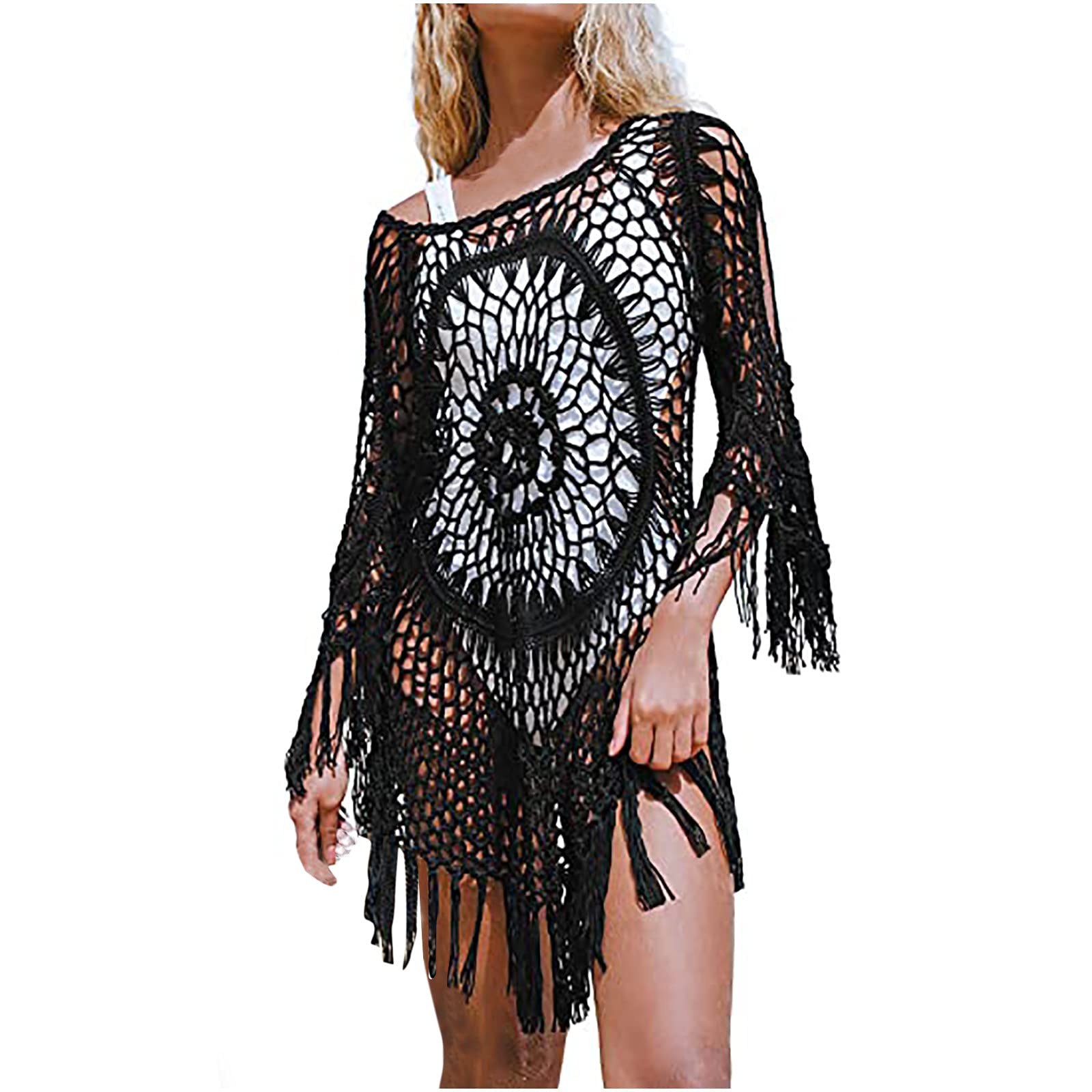 Women's Crochet Tassel Beach Cover Up Dress - Lightweight Summer Bikini Swimsuit Cover Up with Bohemian Style for Pool, Beach Vacation & Resort Wear