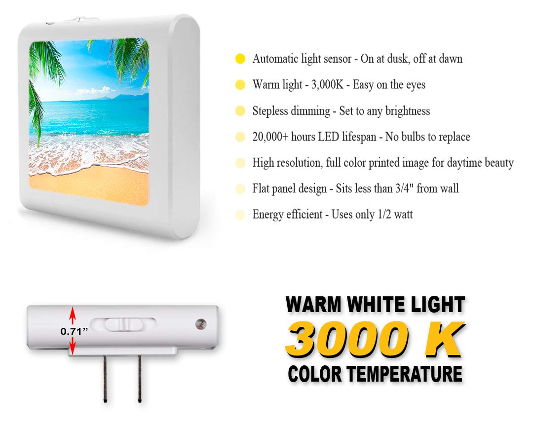 Dimmable LED Night Light with Auto On/Off Sensor, Adjustable Brightness & Warm White Light - Perfect for Bathroom, Hallway, Nursery & Bedroom - Creates a Relaxing Beach Ambience at Home