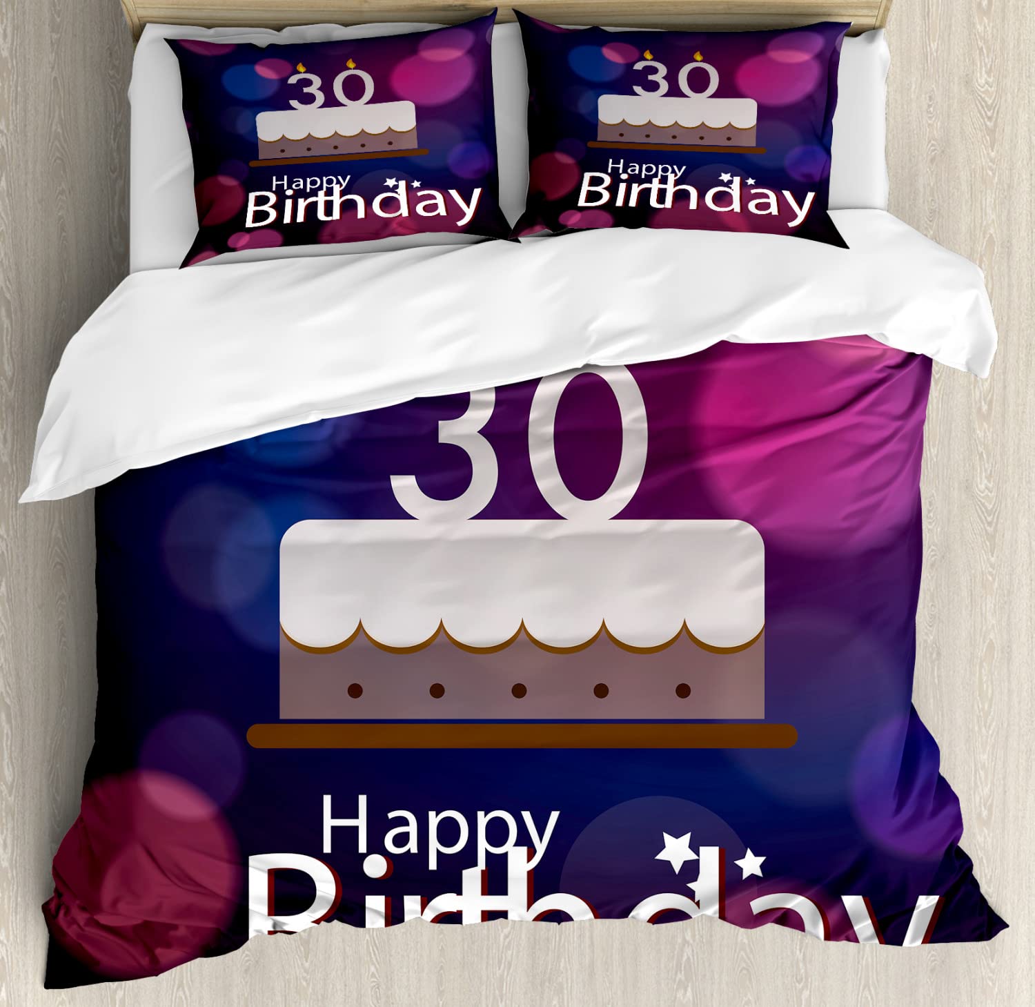 Ambesonne 30th Birthday Duvet Cover Set - King Size 2-Pack with 2 Duvet Covers & 4 Pillowcases, Pink Navy Blue White Abstract Bokeh Background Cake Design - Perfect for Birthday Party Decorations, Guest Room Bedding, and Special Occasion Gifts