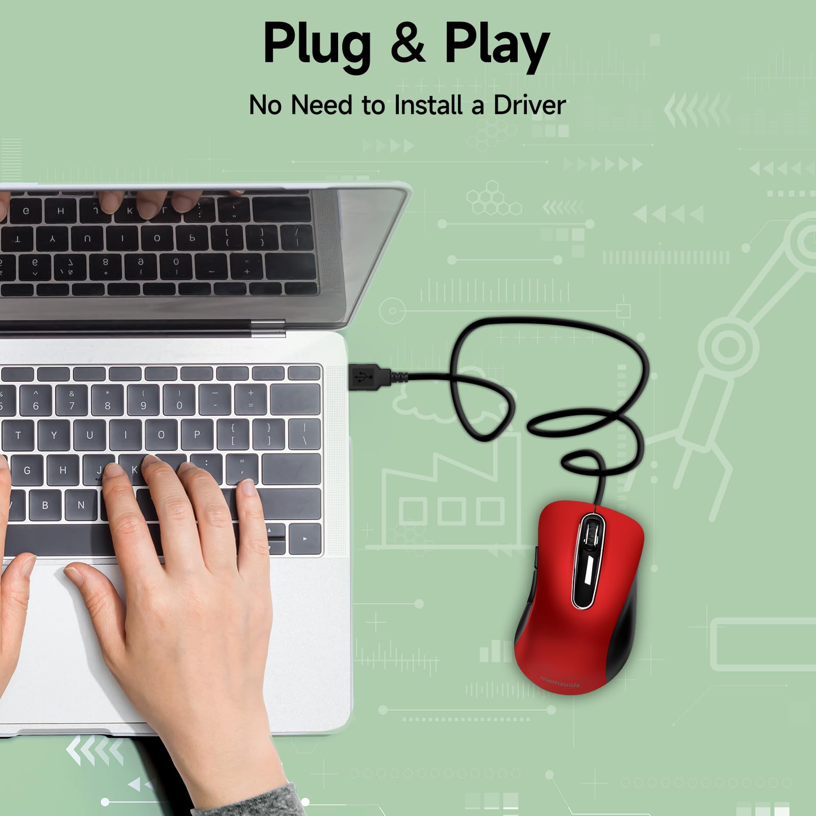 Memzuoix Wired USB Mouse - 1200 DPI Ergonomic Optical Computer Mouse with 5FT Cord for Laptop, PC, Desktop, MacBook, 5 Buttons (Pomegranate Red) - Perfect for Office, Gaming, and Home Use