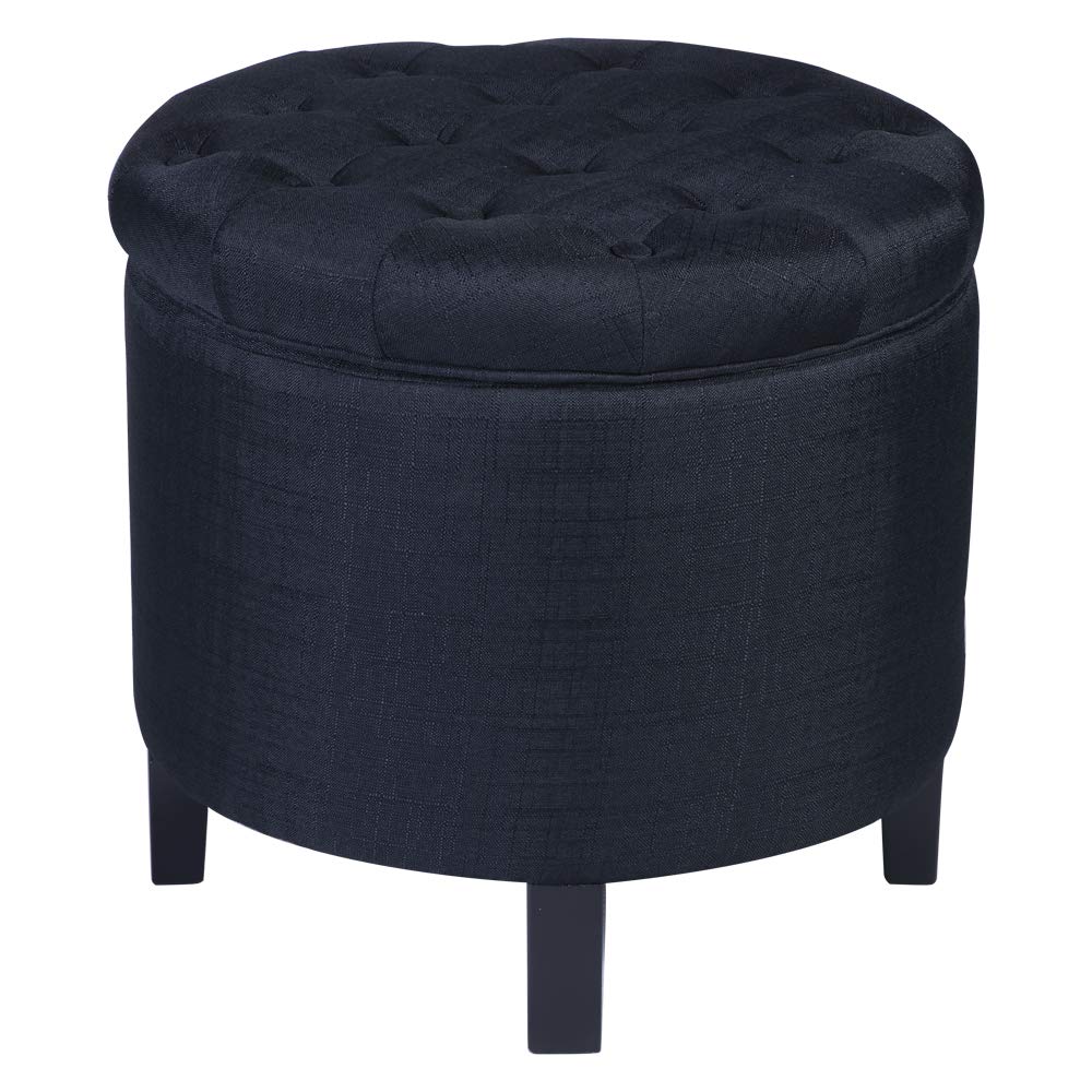 Modern Round Storage Ottoman with Removable Lid - 18 Inch Soft Button Tufted Fabric Footrest Stool for Living Room, Bedroom & Nursery - Black