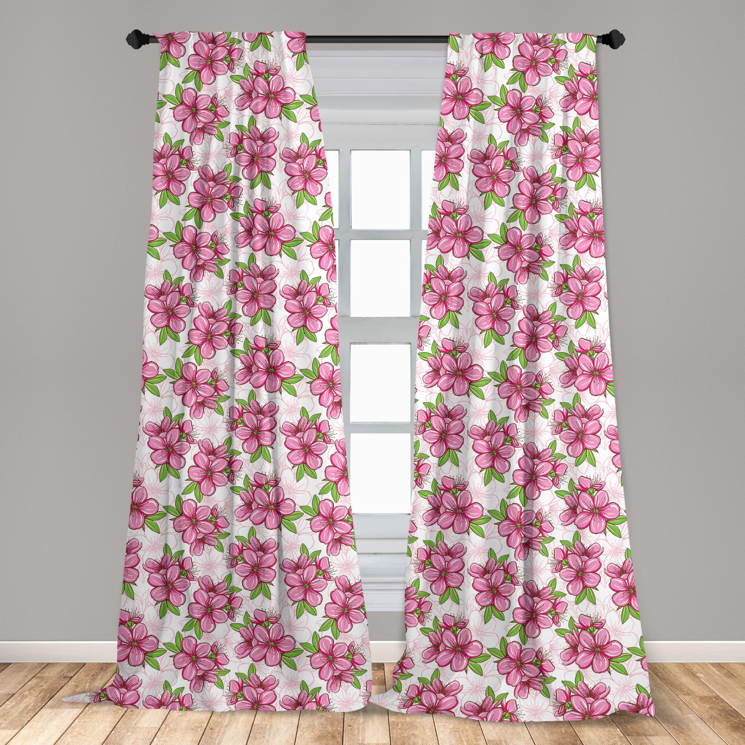 Ambesonne Almond Blossom Curtains - Cherry Blossom Floral Pattern with Green Leaves, Pink Green White Window Drapes, 2 Panel Set (28x63 Inches) for Living Room Bedroom Decor, Home & Office Use