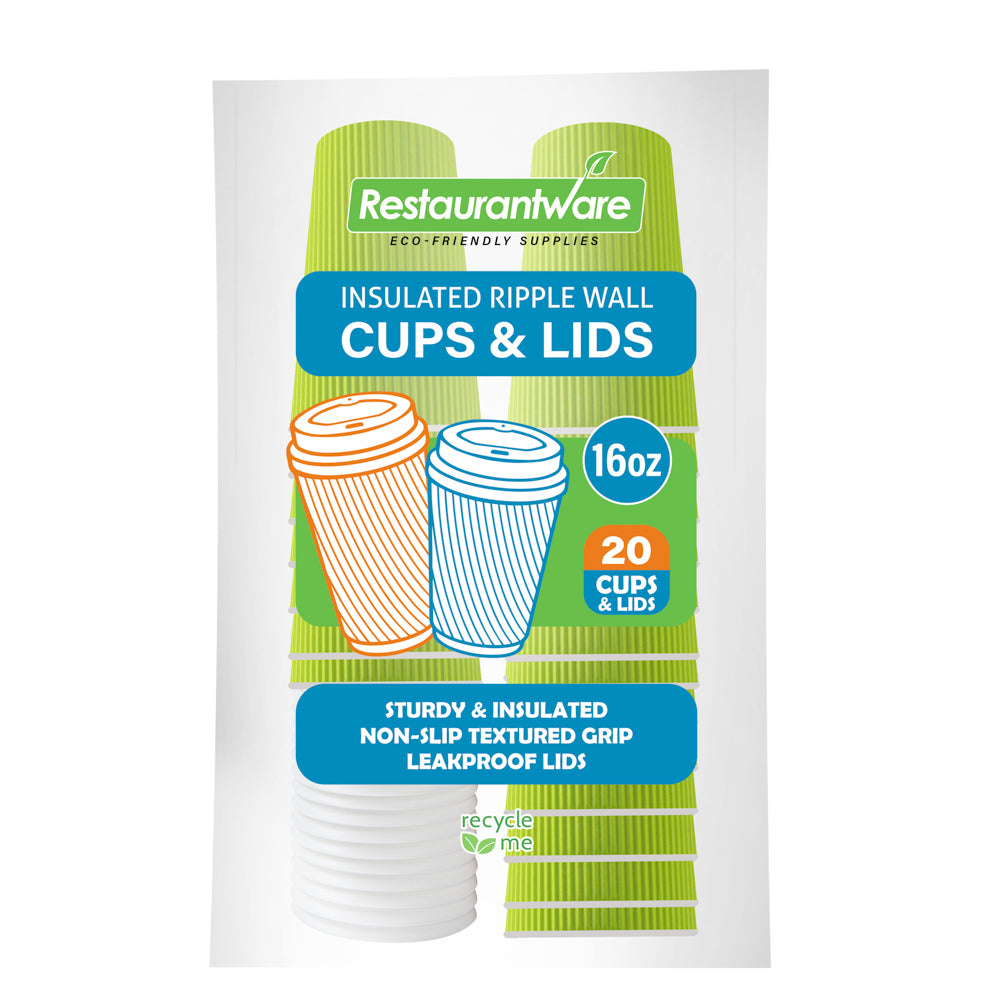 16 oz Eco-Friendly Recyclable Paper Ripple Wall Coffee Cups with White Lids - 20 Count Box (3.5