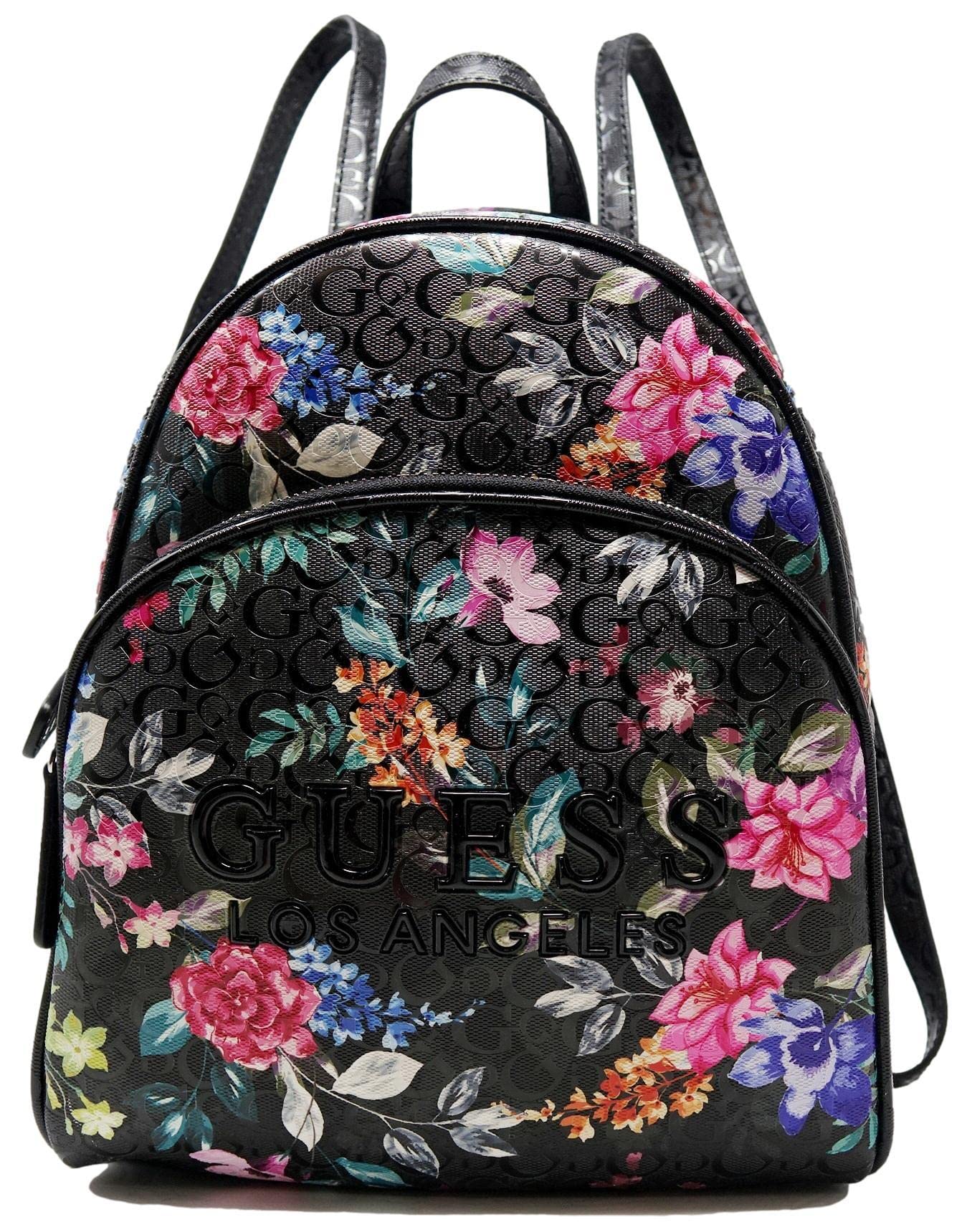 Guess Women's Logo Debossed Floral Print Backpack Purse - Stylish Black Multi Color Shoulder Bag for Work, Travel & College Campus Use