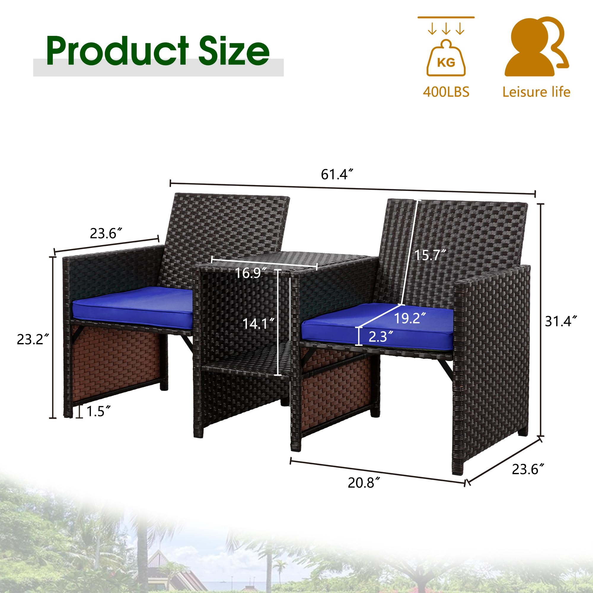Shintenchi Outdoor Wicker Patio Conversation Set with Detachable Chairs & Table - 2 Removable Cushions, Rattan Wicker Loveseat for Patio, Garden, Backyard, Courtyard - Perfect for Relaxing, Entertaining & Outdoor Lounging (Deep Blue)