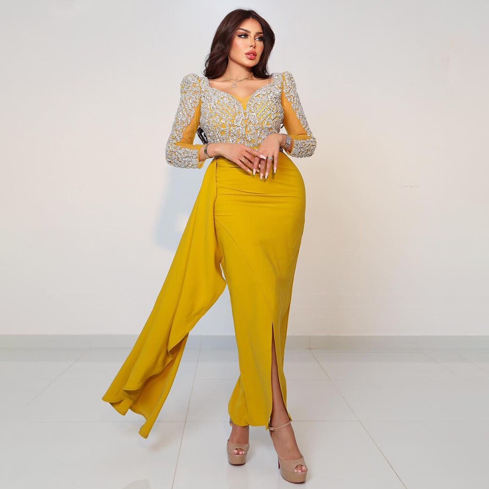 Elegant Yellow Long Sleeve Mermaid Evening Dress with Beaded Skirt - Dubai Style Mid-Length Party Gown for Women 2025 | Perfect for Formal Events, Weddings & Special Occasions