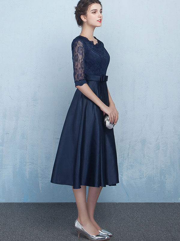 Elegant Beige and Blue Fit & Flare Tea Length Prom Dress for Women - Perfect for Homecoming, Formal Dances & Special Occasions