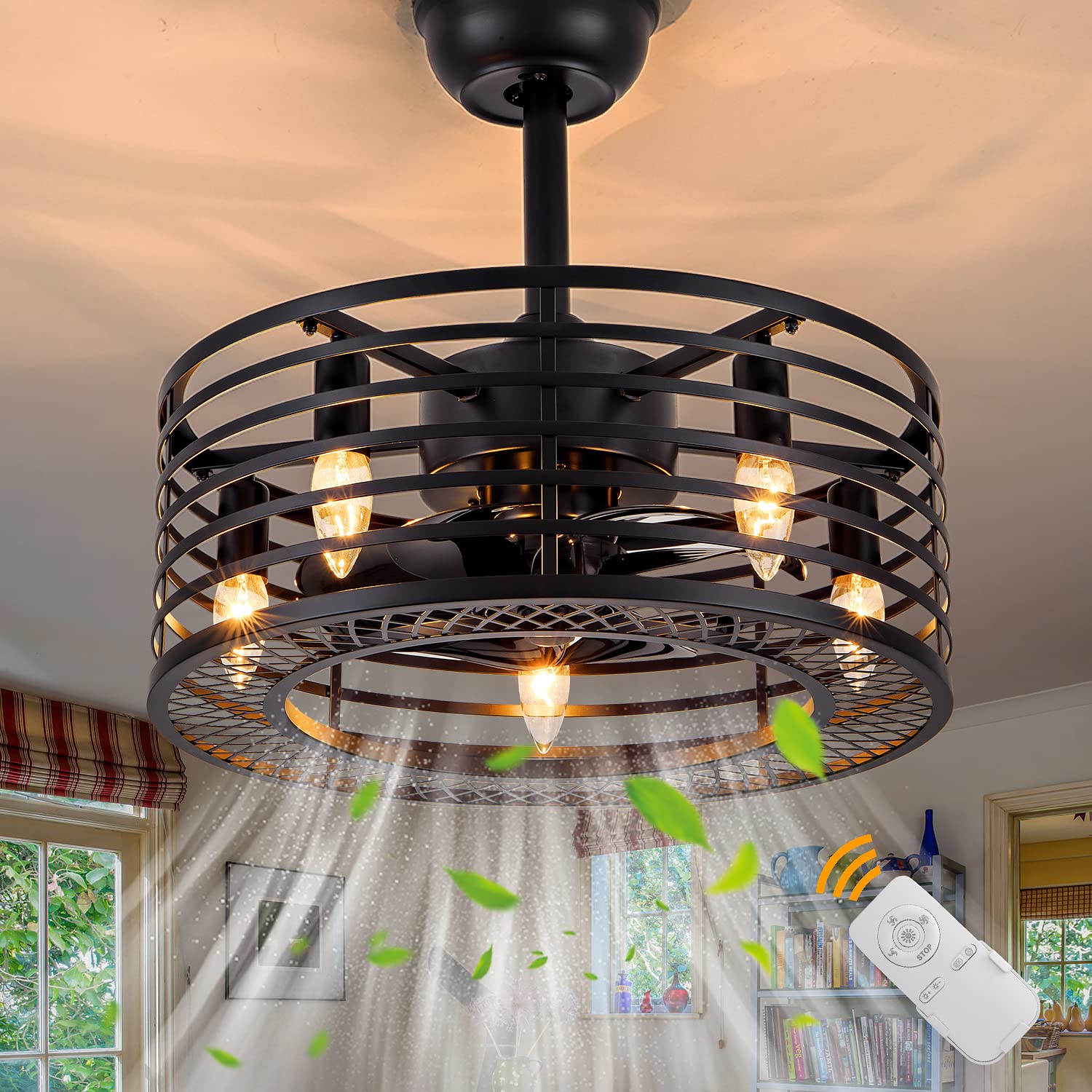 Low Profile Cage Ceiling Fan with Light & Remote Control - 3-Speed Adjustable Black Industrial Farmhouse Ceiling Fan - Leafless Design with AC Copper Motor - Perfect for Bedroom, Living Room & Kitchen - Modern Home & Office Cooling Solution