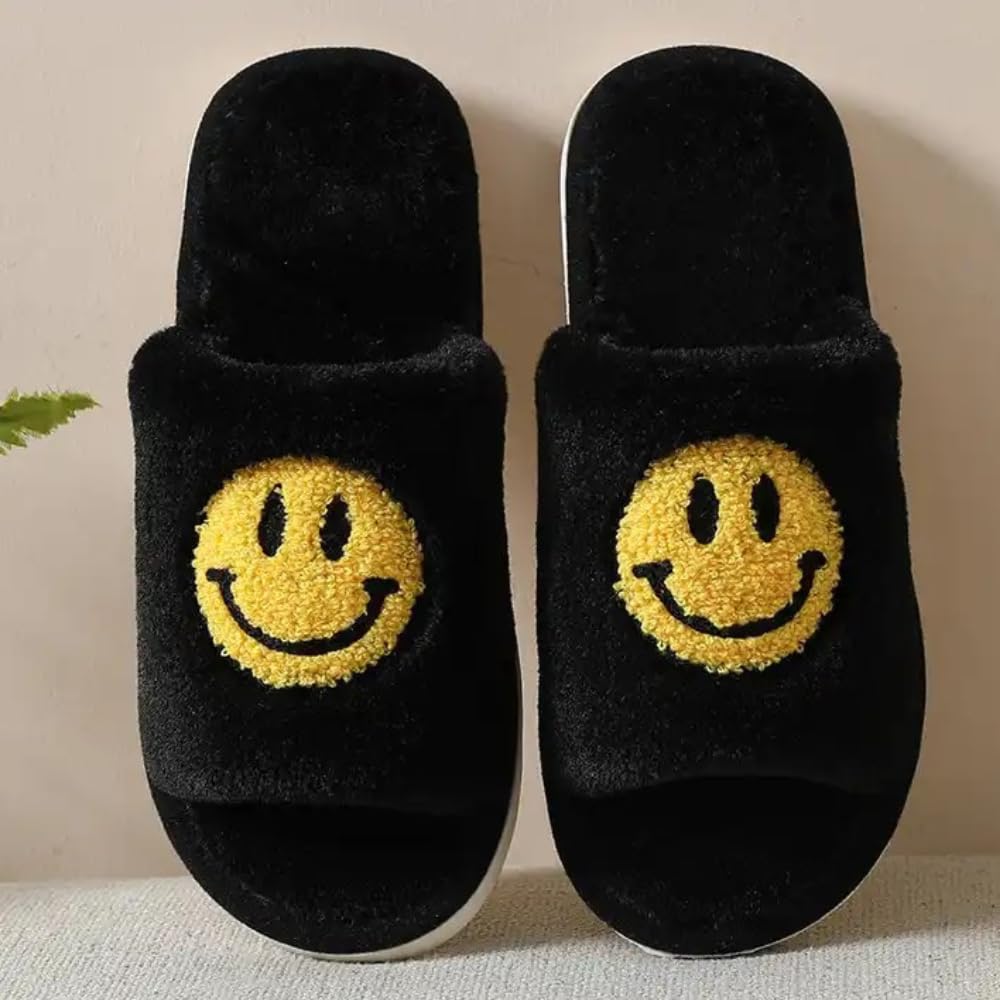 Retro Soft Plush Warm Slip-on Slippers for Women - Cozy Indoor/Outdoor House Shoes with Happy Face Design | Ultimate Comfort for Home, Office & Travel | Machine Washable Women's Slippers for All Seasons
