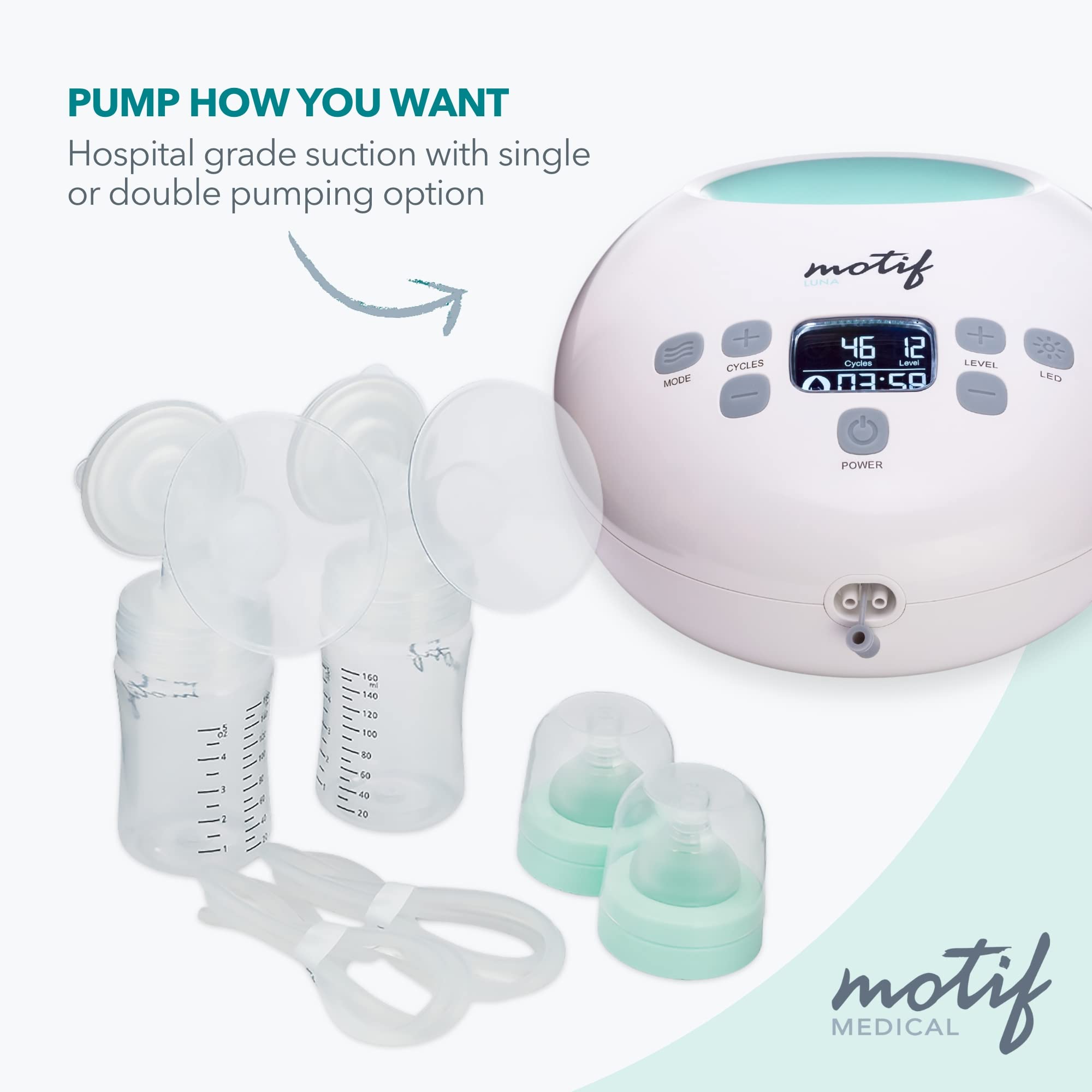 Motif Medical Luna Double Electric Breast Pump with Rechargeable Battery - Portable, Quiet, Easy to Use Breast Pump with LED Night Light for Nursing Moms at Home, Work or Travel