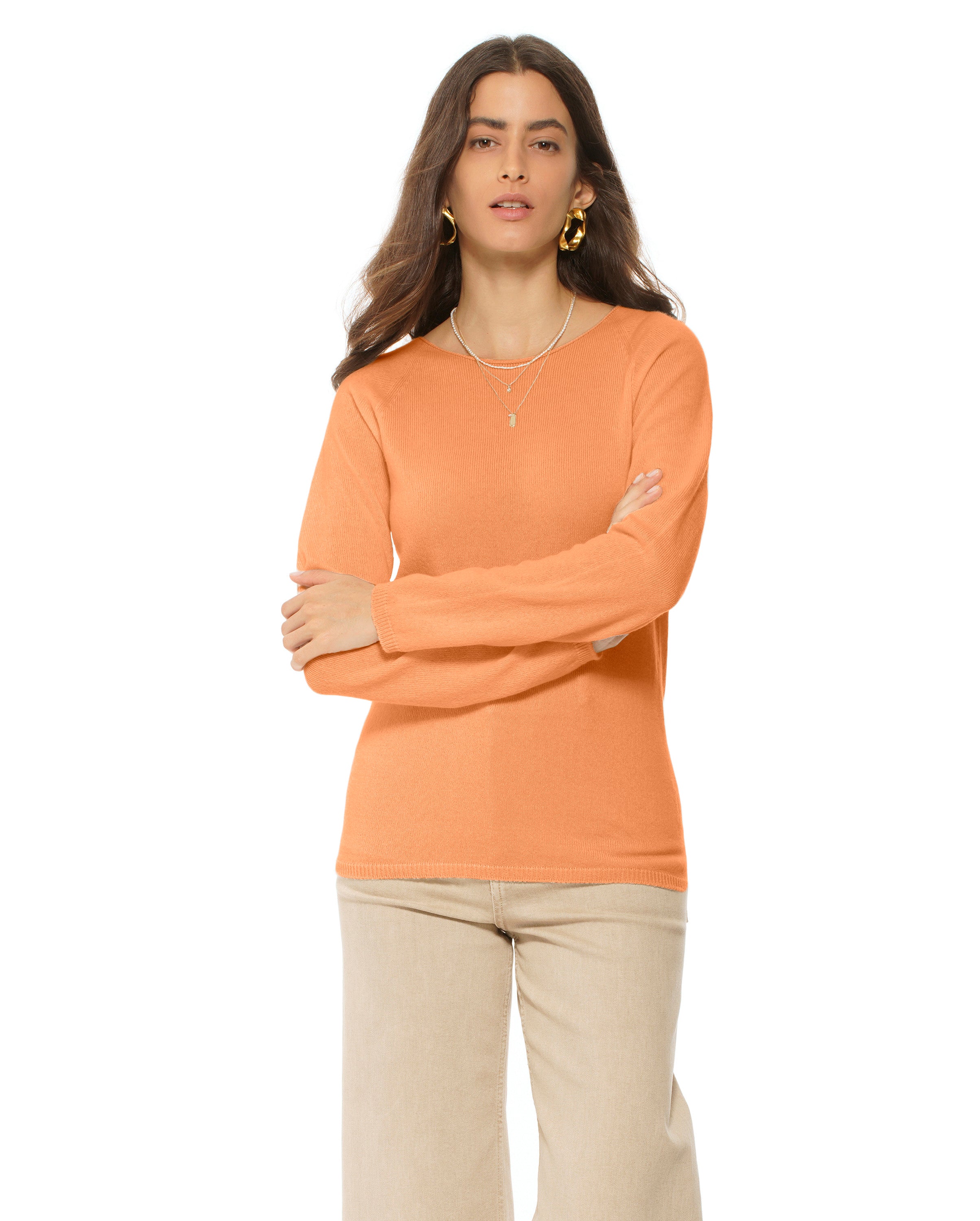 Women's Ultralight Cashmere Sweater - Soft Raglan Crewneck Pullover in Orange | Cozy Winter Wear & Casual Outfit Essential for Work & Travel