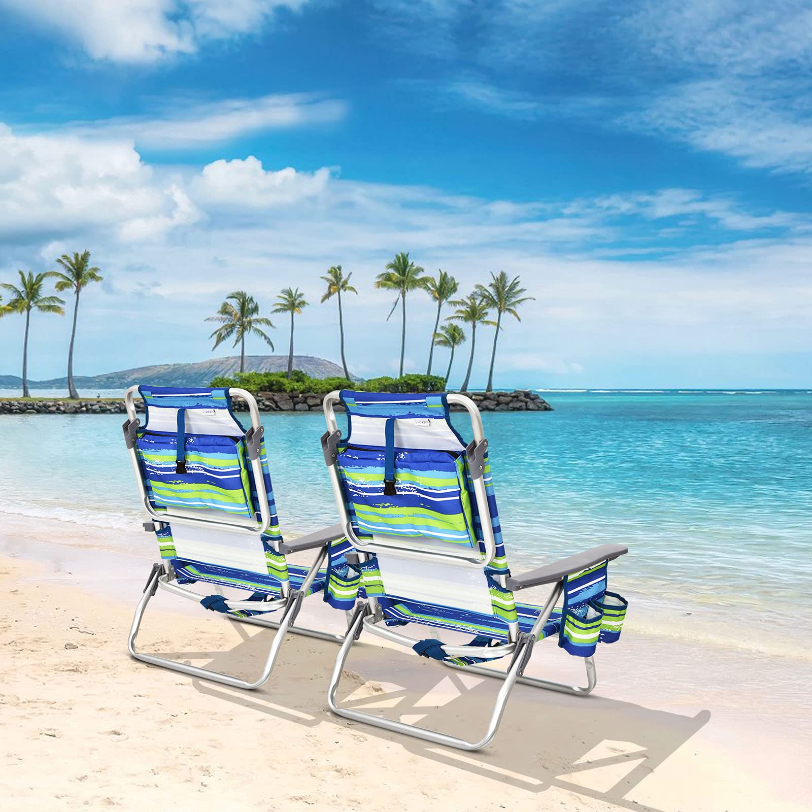 GYMAX 2-Pack Portable Folding Beach Chairs with Backpack Straps, Armrests, Cooler Bag, Cup Holder & Storage Pockets - Lightweight Camping Lounge Chairs for Outdoor, Picnic, Poolside, Backyard & Beach Relaxation (Blue Stripes)