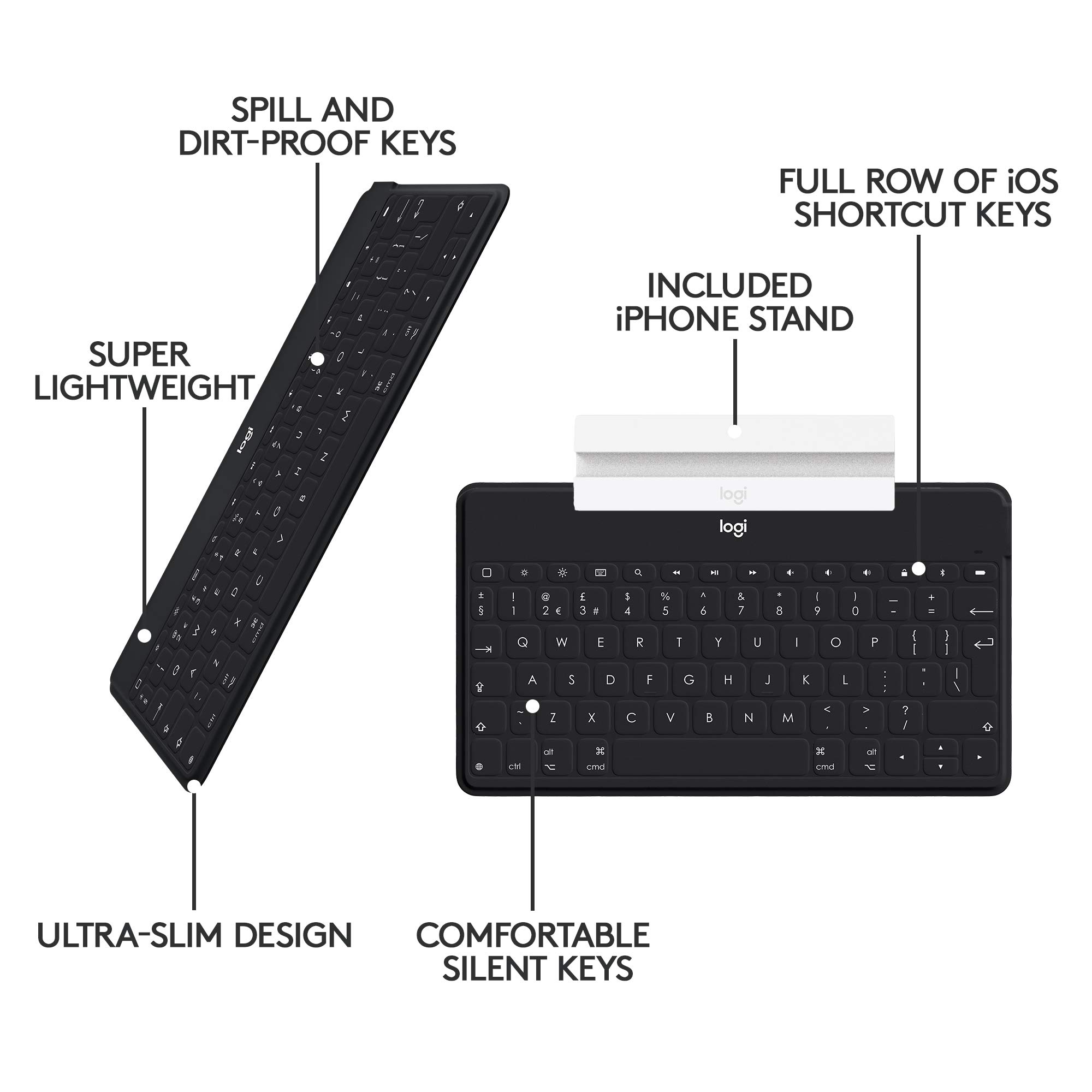 Logitech Keys-to-Go Ultra Slim Lightweight Bluetooth Keyboard for iPhone iPad Mac Apple TV & iPad Air 5th Gen (2022) - Black | Portable Wireless Keyboard for Travel Work Home Office & On-The-Go Typing