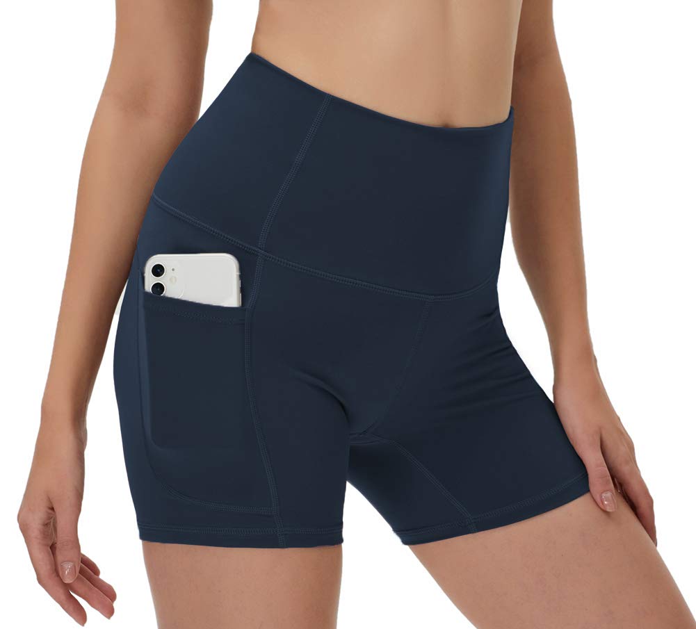 YAKER High Waist Yoga Shorts for Women - 2 Side Pockets & Waistband Pocket - Tummy Control Workout Shorts - Perfect for Running, Home Exercise & Yoga Practice