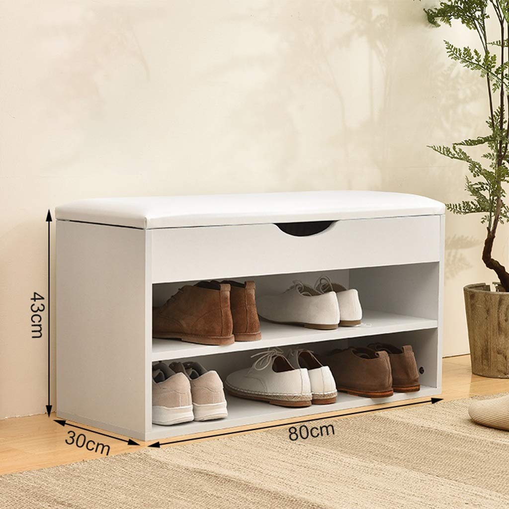 JOYGOOD 80cm White Entryway Storage Bench with Shoe Rack - Multifunctional Shoe Storage Seat for Hallway, Living Room & Bedroom Organization