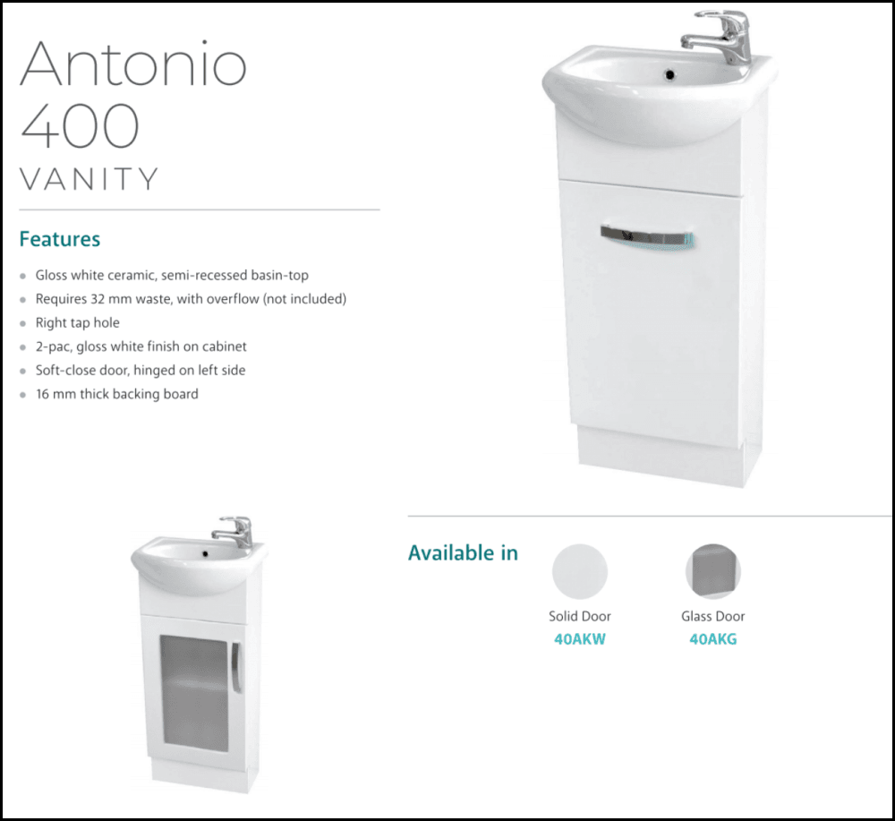 Fienza Antonio 40AKW 400mm White Bathroom Vanity with Solid Door - Modern Sink Cabinet for Small Spaces, Powder Rooms & Guest Baths
