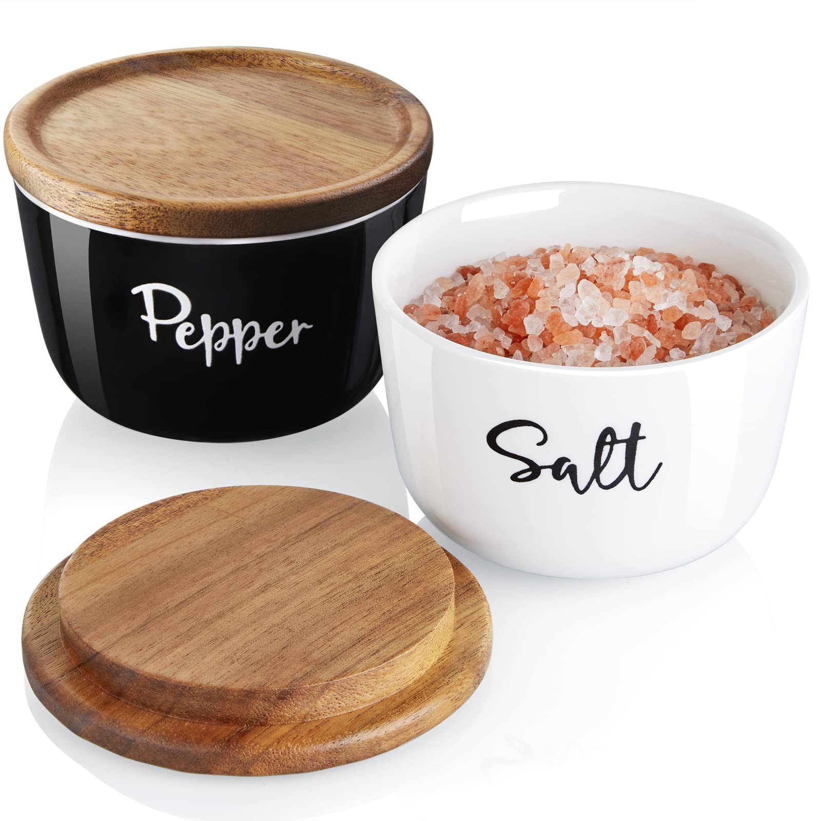 Premium 10 oz Ceramic Salt and Pepper Bowls with Acacia Wood Lid - Stackable Countertop Salt Cellar Set of 2, Black & White Kitchen Decor for Dining Table, Cooking, and Gift Giving