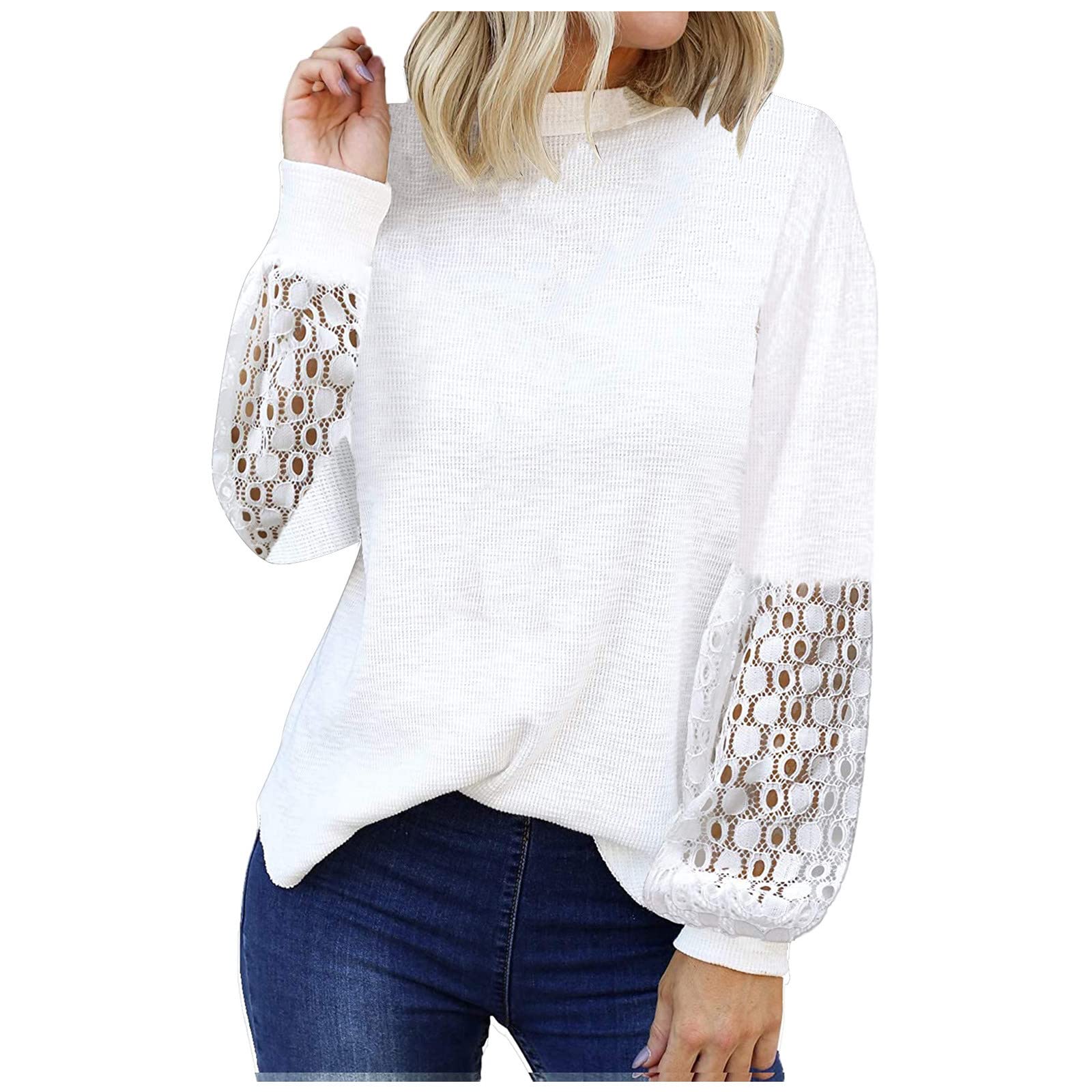 Women's White Lace Crop Top Sweater - Long Sleeve O-Neck Loose Knit Pullover for Fall & Winter | Casual Outfits, Layering, Date Nights, Office Wear