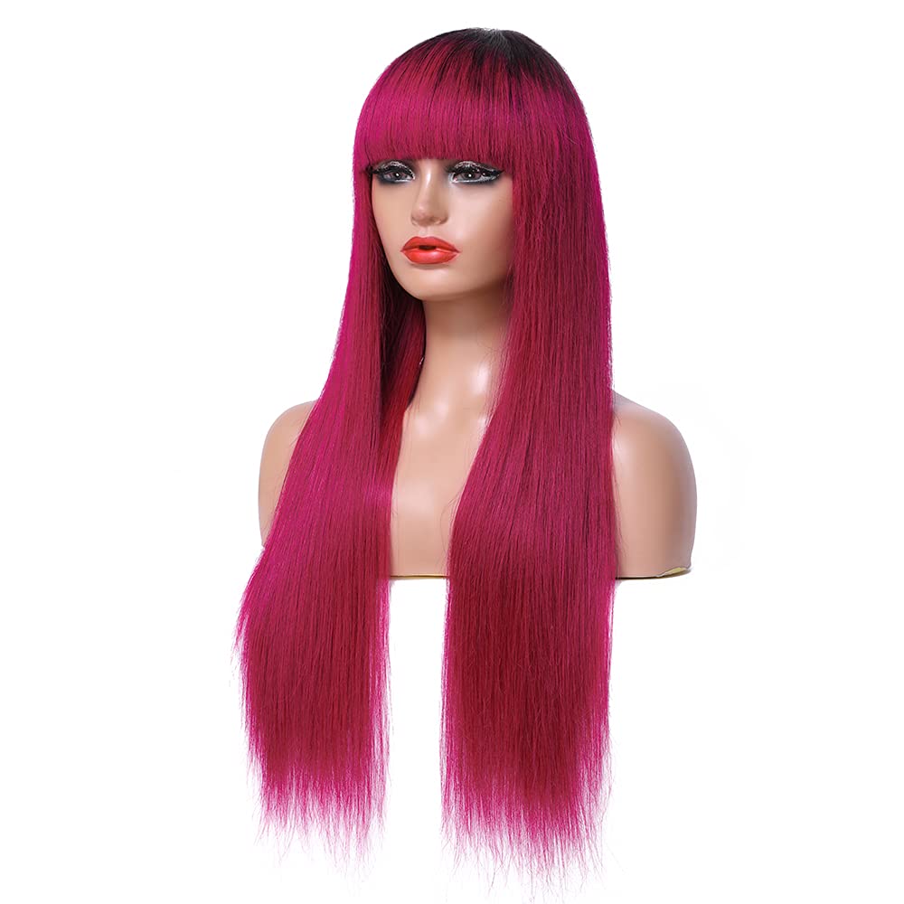REMY Ombre Burgundy Red Glueless Human Hair Wigs - 20 Inch Brazilian Virgin Hair with Pre-Plucked Baby Hair, Non-Lace Straight Colored Wigs for Women | Perfect for Daily Wear, Cosplay & Special Occasions
