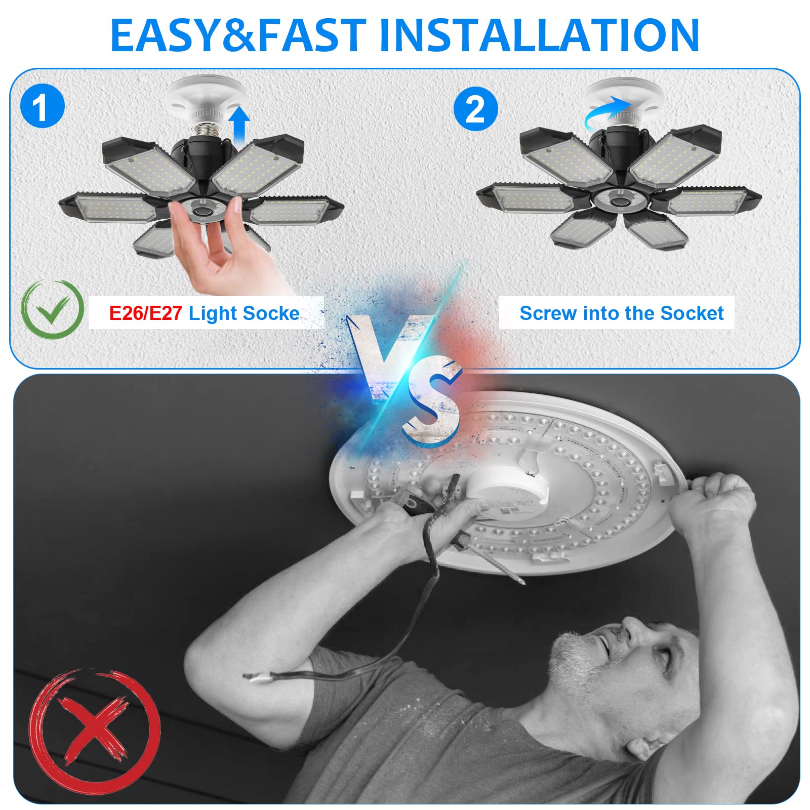 Ayybf LED Garage Lights - 20000LM 6500K Ultra Bright LED Shop Light with 6+1 Adjustable Panels, E26/E27 Base for Garage, Warehouse, Basement, Workshop - Energy Saving Ceiling Lighting (2 Pack) - Perfect for DIY Projects, Auto Repair & Industrial Workspaces
