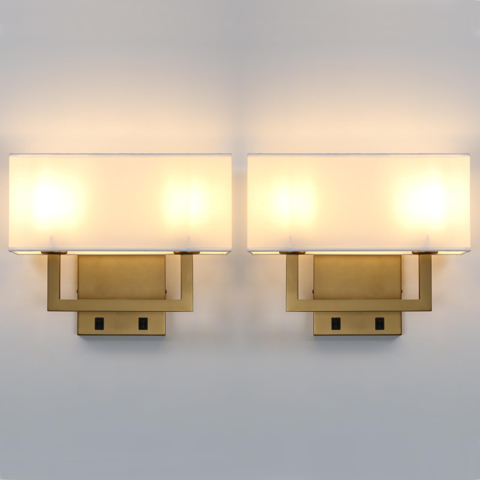Yosoan Set of 2 Modern Boho Brass Wall Sconces with On/Off Switch - Vintage Industrial 2-Light Vanity Fixtures with White Fabric Shades - Perfect for Bedroom, Living Room, Hallway & Reading Nook (Antique Brass Finish)
