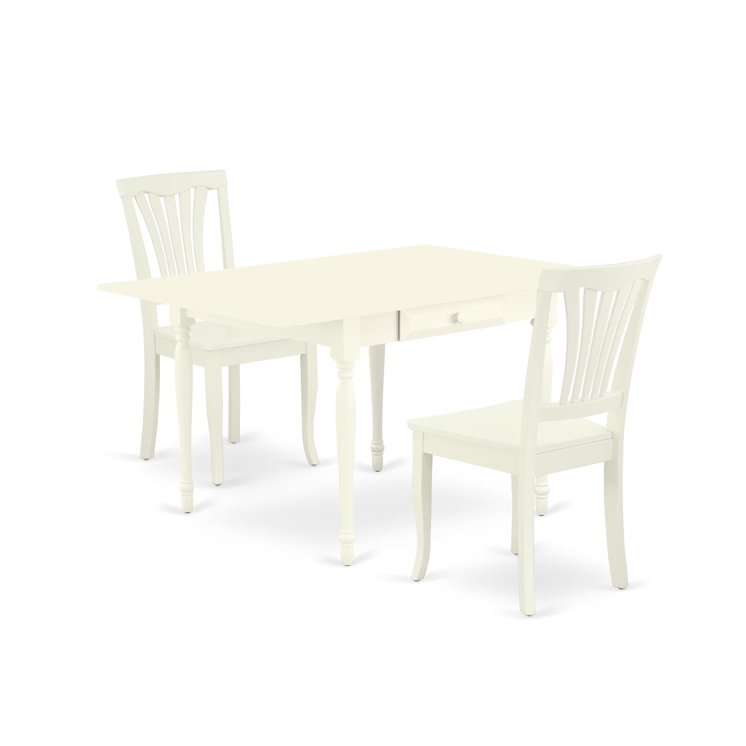 East West Furniture MZAV3-LWH-W 3-Piece Small Space Dinette Set with Drop-Leaf Rectangle Dining Table (36x54 Inch) & 2 Chairs - Linen White - Perfect for Apartments, Breakfast Nooks & Cozy Dining Areas