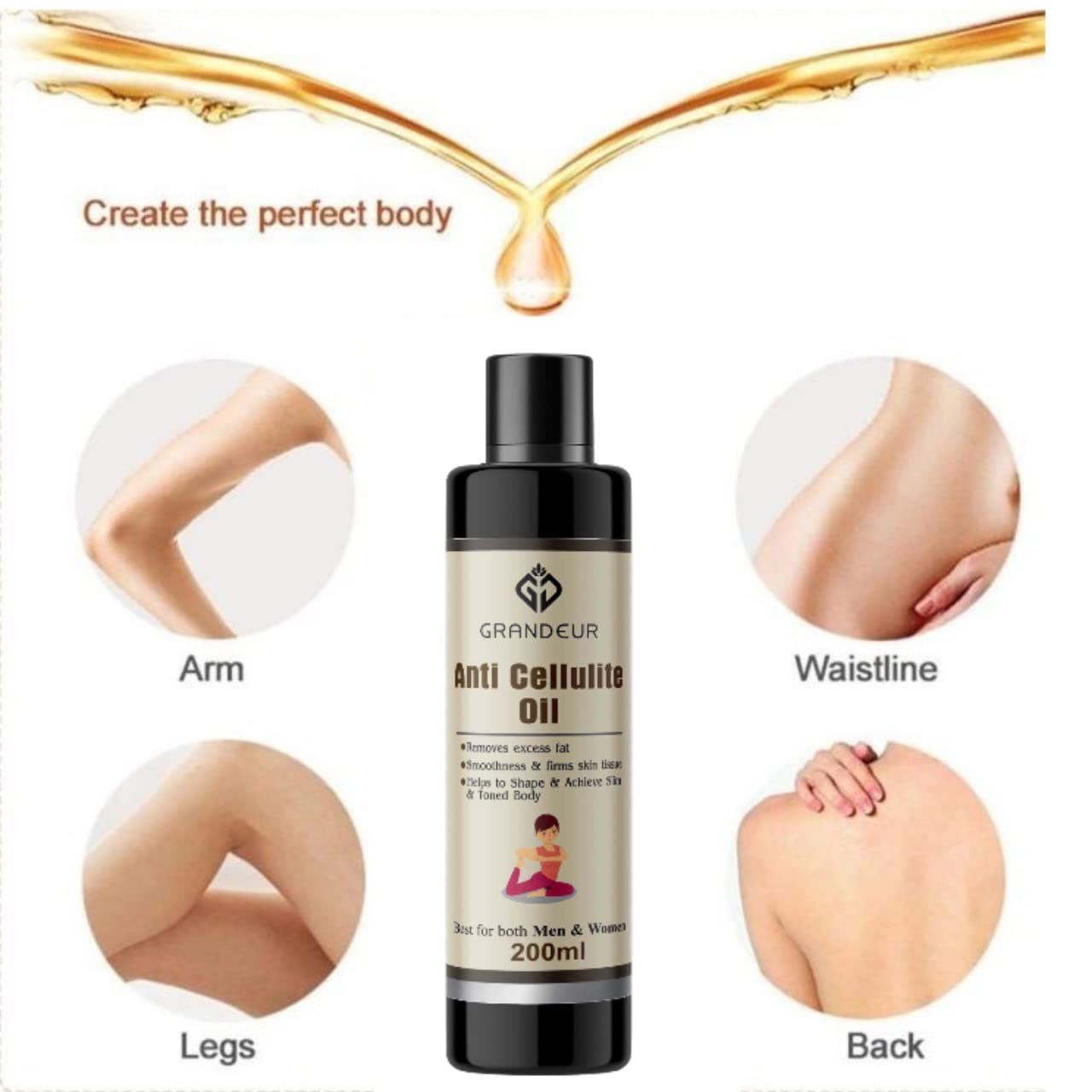 Grandeur Anti-Cellulite & Skin Toning Fat Burning Oil - 200ml for Stomach, Hips, Thighs, Arms | Natural Slimming & Weight Loss Solution | Body Contouring for Women | Perfect for Post-Workout Massage & Daily Body Care