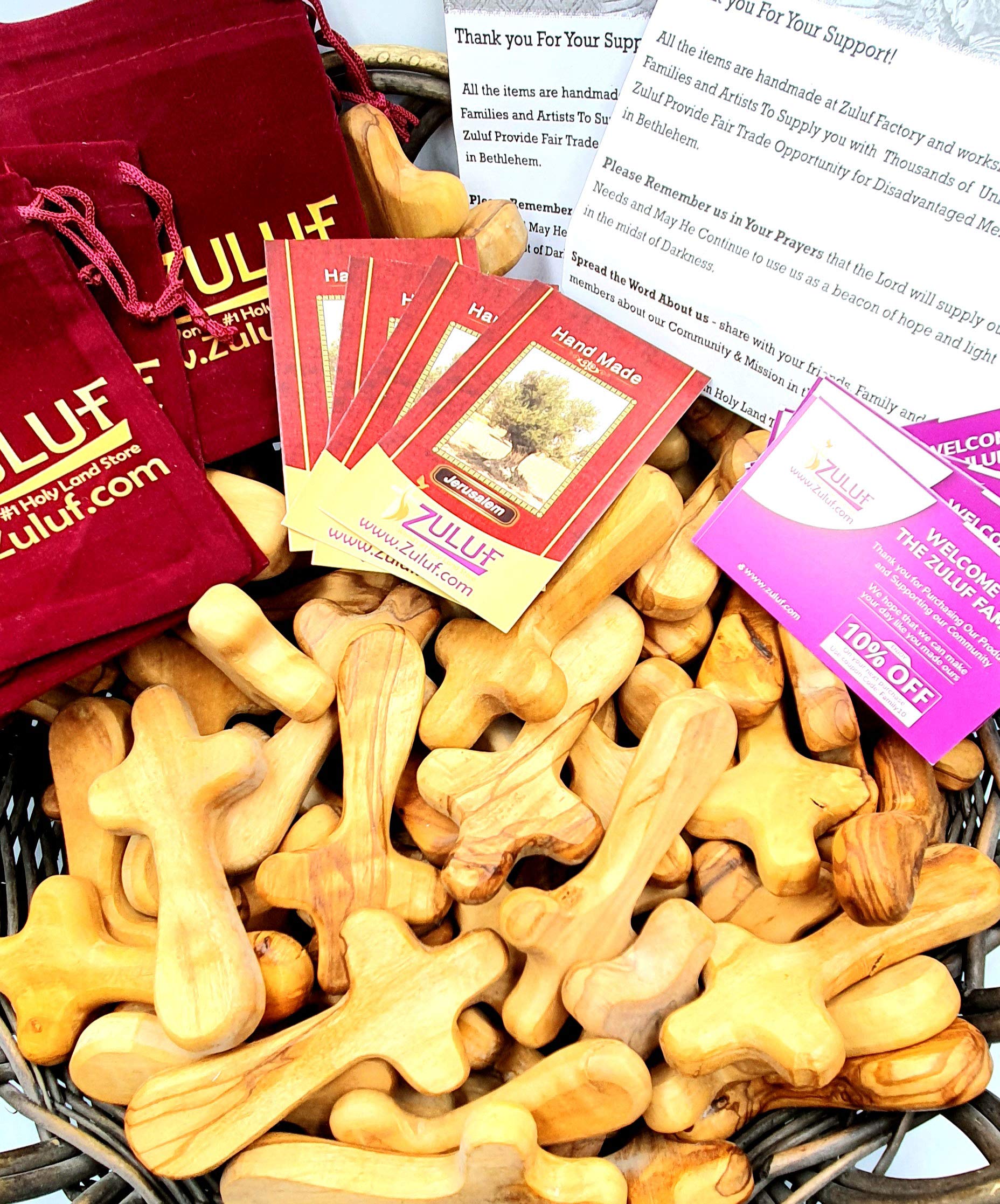 Handmade Olive Wood Cross from Holy Land Nazareth - Religious Gift Set with 100 Velvet Pouches & 50 Certificates (3.7 Inch) - Perfect for Baptism, Confirmation & Christian Home Decor