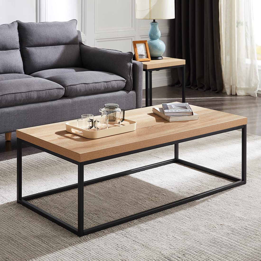 Modern Industrial CENSI 47-Inch Oak Coffee Table - Rectangular Wood & Metal Design with Extra Thick Tabletop (Natural Wood Finish) - Perfect for Living Room, Lounge, or Office Decor