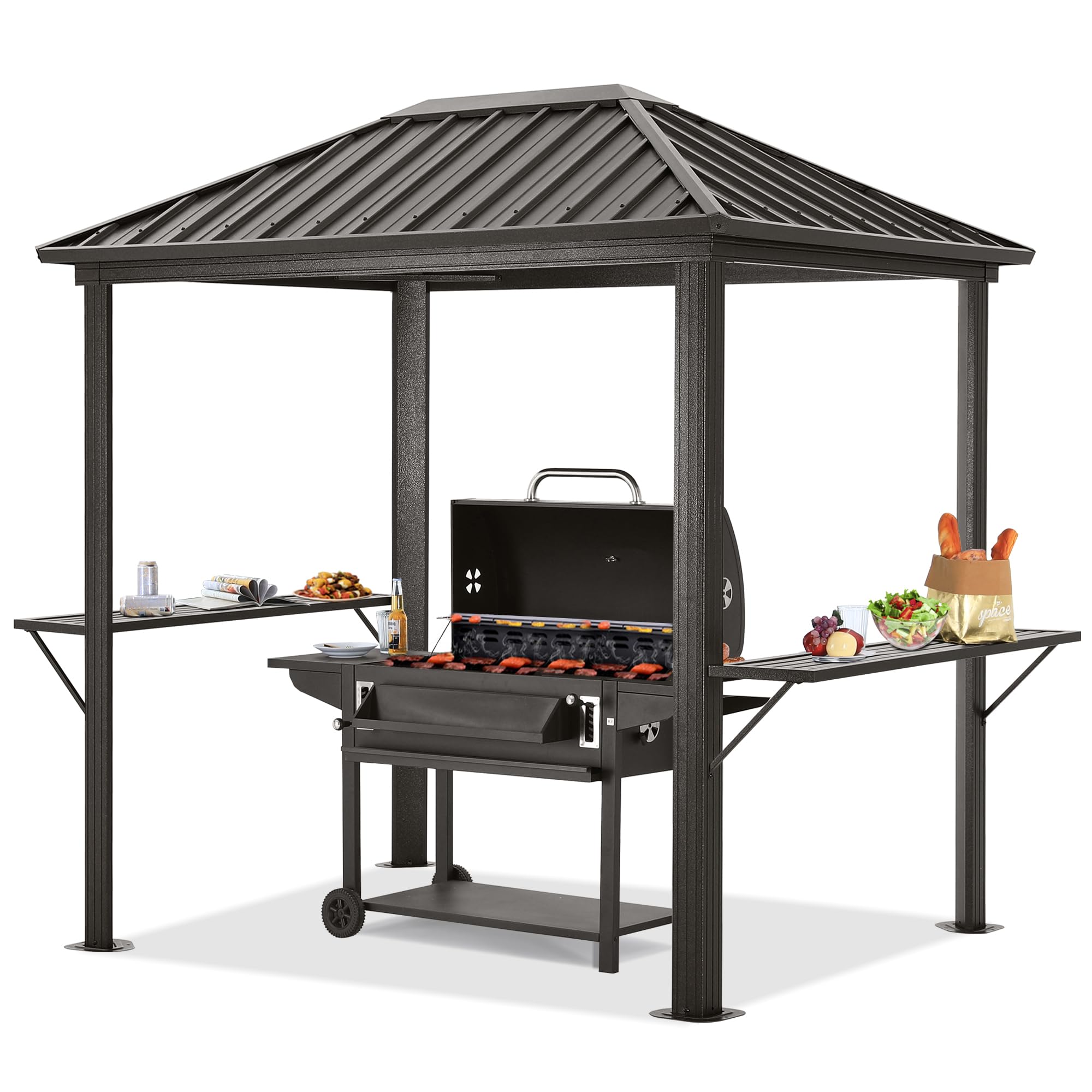 ABCCANOPY 6x8 Hardtop Grill Gazebo - Galvanized Steel Outdoor BBQ Pavilion with Aluminum Frame & Shelves for Patio, Backyard, Garden (Dark Brown, Single Roof) | Perfect for Outdoor Cooking, Dining & Entertaining
