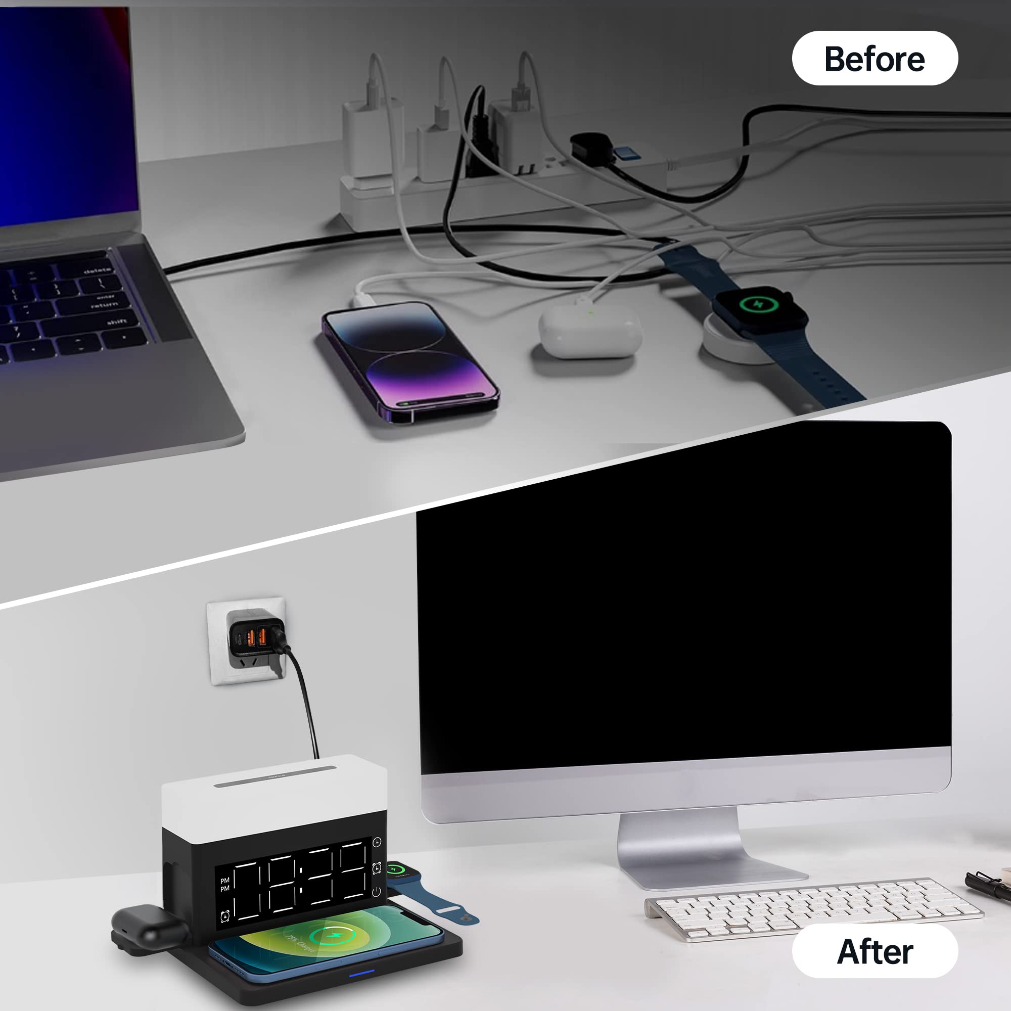 6-in-1 Wireless Charging Station with Digital Alarm Clock & Night Light - 15W Fast Charger for iPhone 14/13/12/11/XS, Samsung Galaxy, AirPods & Apple Watch - Perfect for Bedside, Office & Travel (Black)