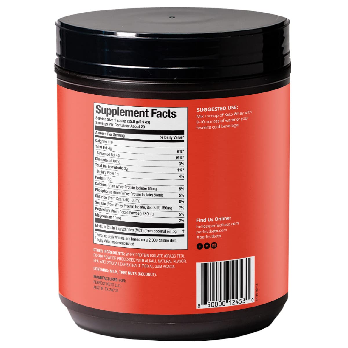 Perfect Keto Pure Chocolate Whey Protein Isolate Powder - 100% Grass Fed, All Natural, No Artificial Ingredients, Gluten Free, Soy Free, Non-GMO - Ideal for Keto Diet, Post-Workout Recovery & Healthy Lifestyle (Chocolate Flavor)